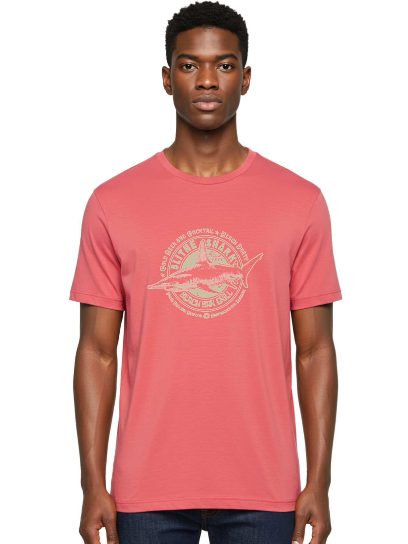 Blithe-Shark Men'S Graphic Tee, 100% Cotton, Comfortable Casual Summer Wear, Machine Washable, Beach Bar Grill, Seafood Restaurant, Cold Beer, Cocktails, Beach Party, Fresh Fish, Sandwiches, Burgers, Casual Dining, Blithe Shark, Beach Food Aab966