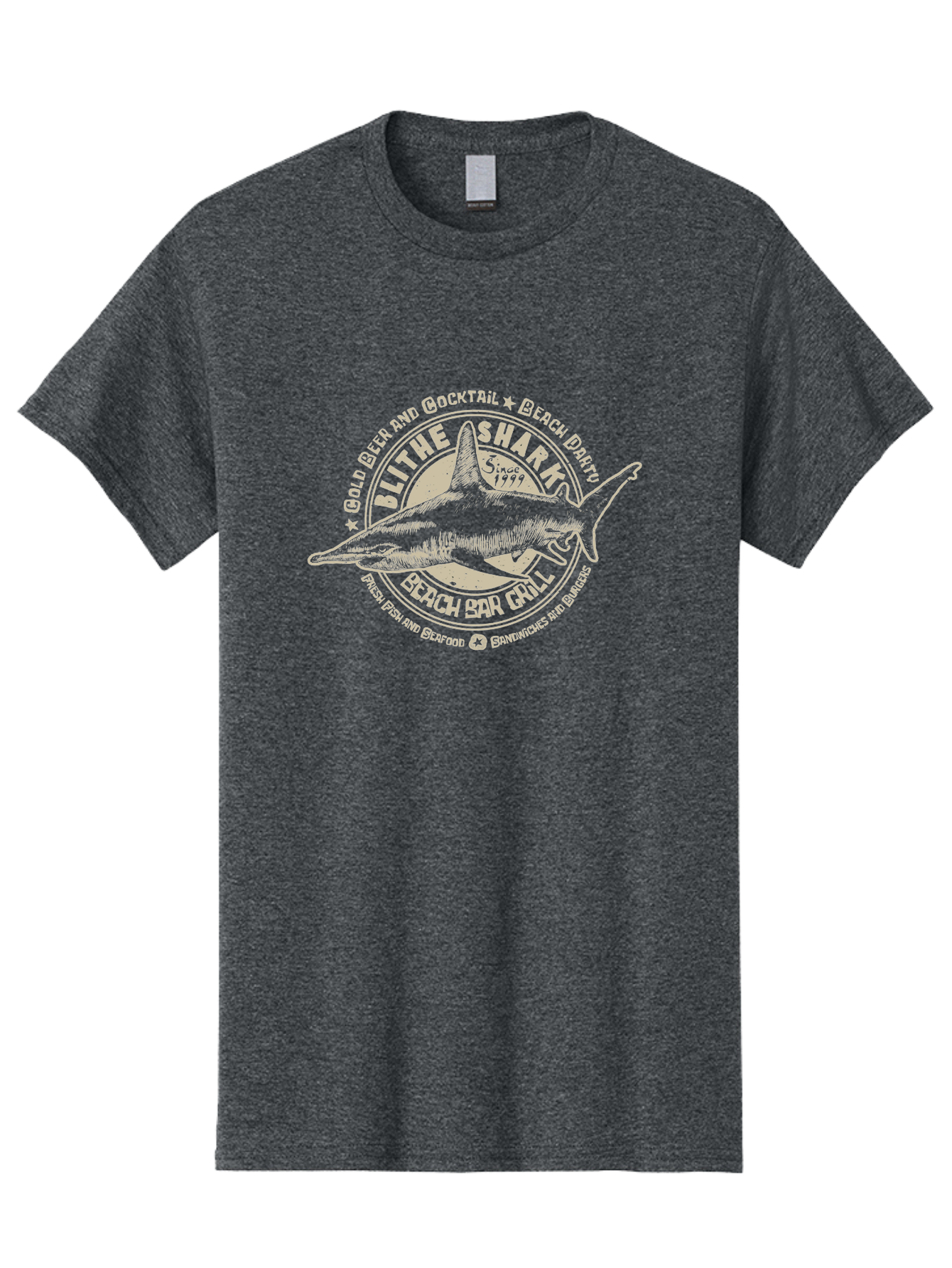 Blithe-Shark Men'S Graphic Tee, 100% Cotton, Comfortable Casual Summer Wear, Machine Washable, Beach Bar Grill, Seafood Restaurant, Cold Beer, Cocktails, Beach Party, Fresh Fish, Sandwiches, Burgers, Casual Dining, Blithe Shark, Beach Food Aab966