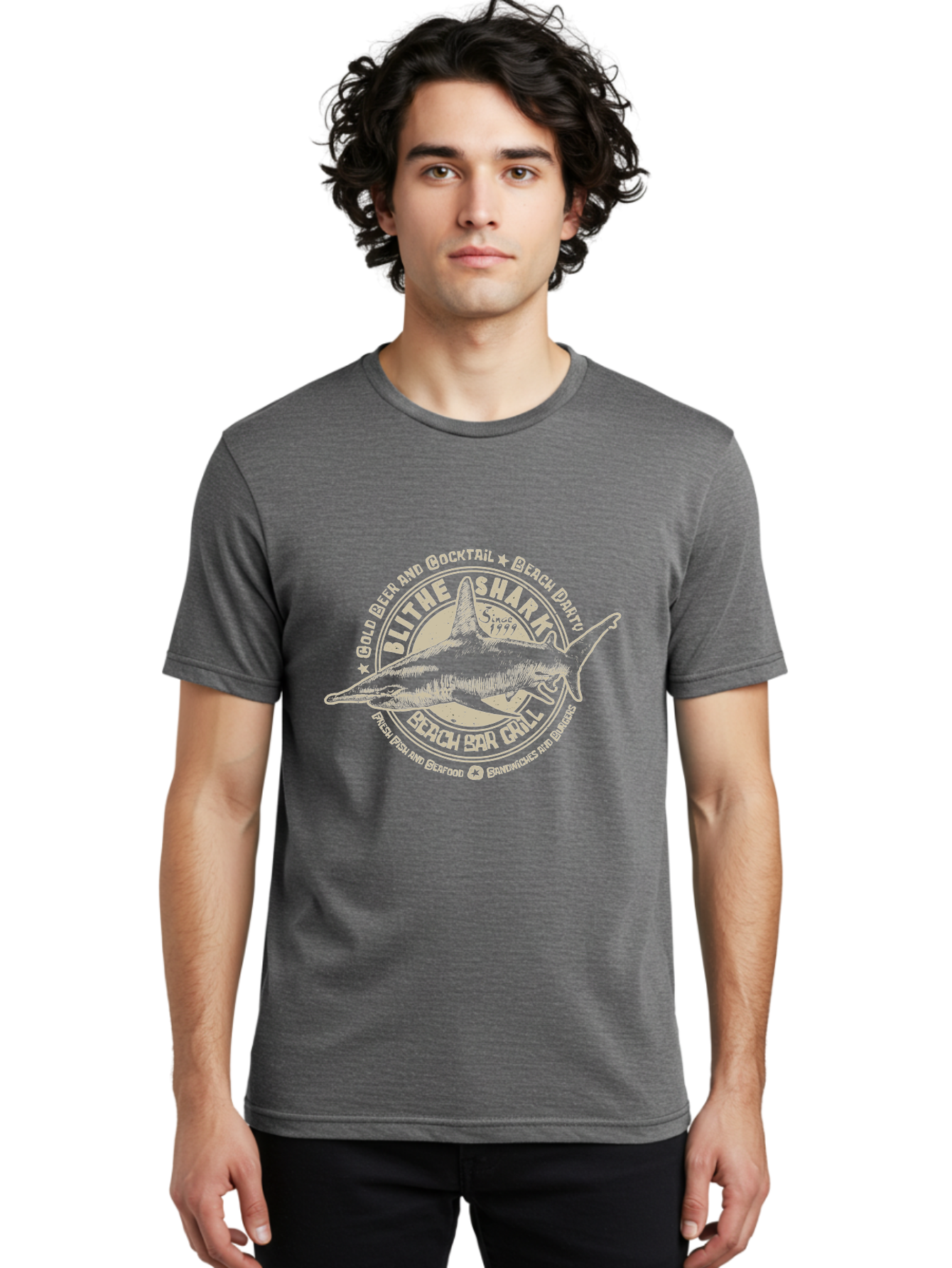 Blithe-Shark Men'S Graphic Tee, 100% Cotton, Comfortable Casual Summer Wear, Machine Washable, Beach Bar Grill, Seafood Restaurant, Cold Beer, Cocktails, Beach Party, Fresh Fish, Sandwiches, Burgers, Casual Dining, Blithe Shark, Beach Food Aab966