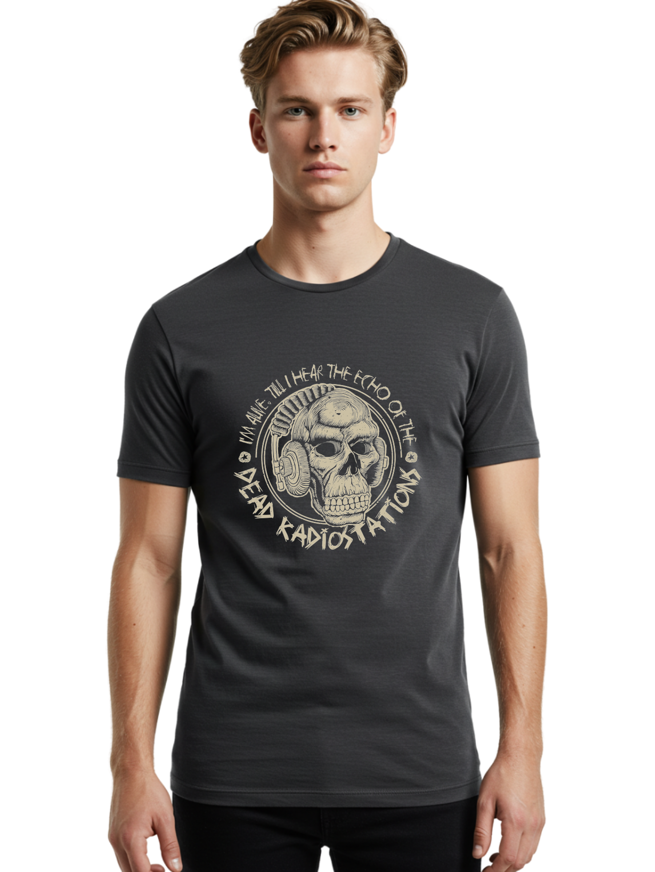 Dead-Radiostations Men'S Graphic Tee, 100% Cotton, Comfortable Casual Summer Wear, Machine Washable, Skull Wearing Headphones, Dead Radio Stations, Music Lover, Grunge Style, Monochromatic Art, Edgy Illustration, Dark Aesthetic, Aab967