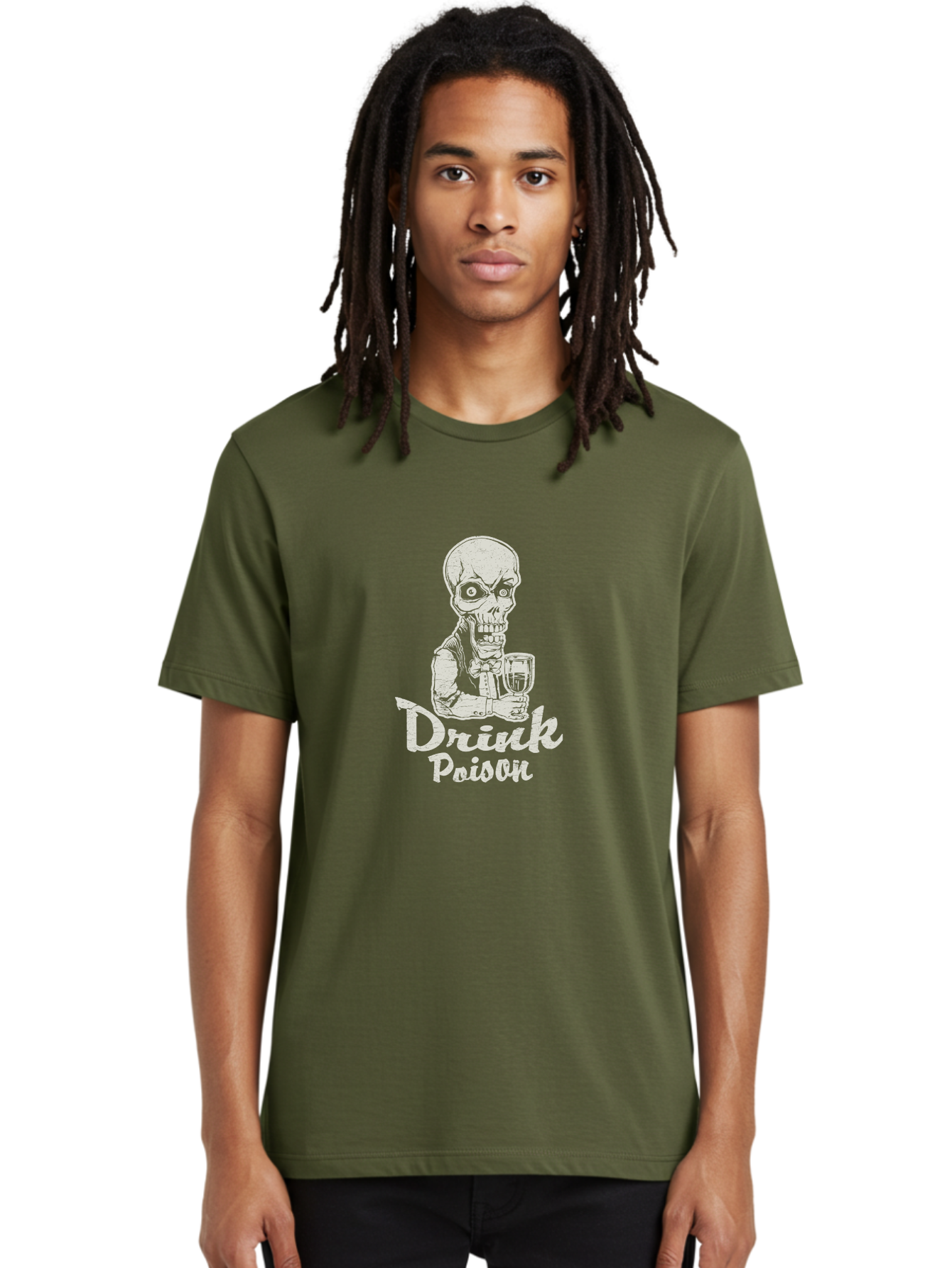 Drink-Poison Men'S Graphic Tee, 100% Cotton, Comfortable Casual Summer Wear, Machine Washable, Skeleton Holding A Glass, Dark Humor, Toxic Drink, Skull Character, Gothic Illustration, Grunge Style, Creepy Design, Poison Warning, Skull Artwork, Aab968