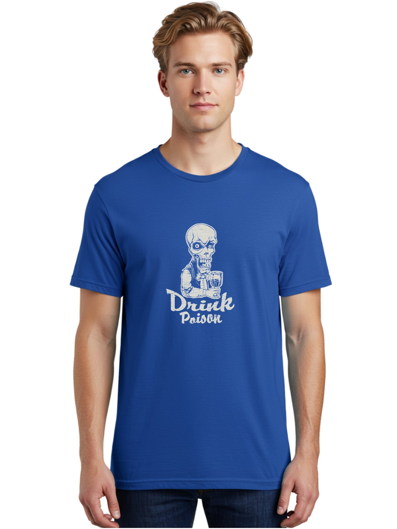 Drink-Poison Men'S Graphic Tee, 100% Cotton, Comfortable Casual Summer Wear, Machine Washable, Skeleton Holding A Glass, Dark Humor, Toxic Drink, Skull Character, Gothic Illustration, Grunge Style, Creepy Design, Poison Warning, Skull Artwork, Aab968