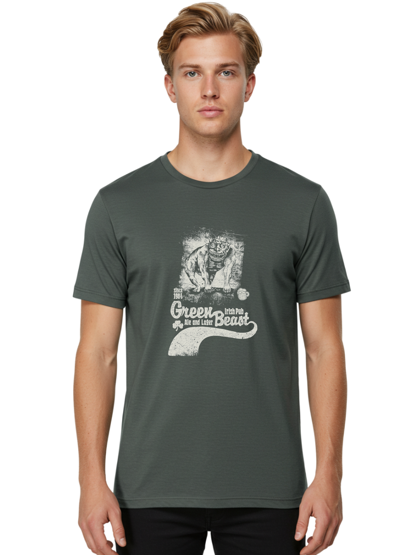 Green-Beast-Irish-Pub Men'S Graphic Tee, 100% Cotton, Comfortable Casual Summer Wear, Machine Washable, Irish Pub, Monster Drawing, Ale And Lager, Beer Mug, Since 1984, Four-Leaf Clover, Bar Signage, Pub Decor, Irish Heritage Aab969
