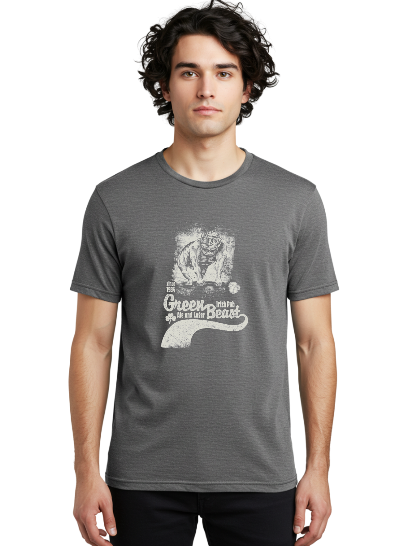 Green-Beast-Irish-Pub Men'S Graphic Tee, 100% Cotton, Comfortable Casual Summer Wear, Machine Washable, Irish Pub, Monster Drawing, Ale And Lager, Beer Mug, Since 1984, Four-Leaf Clover, Bar Signage, Pub Decor, Irish Heritage Aab969