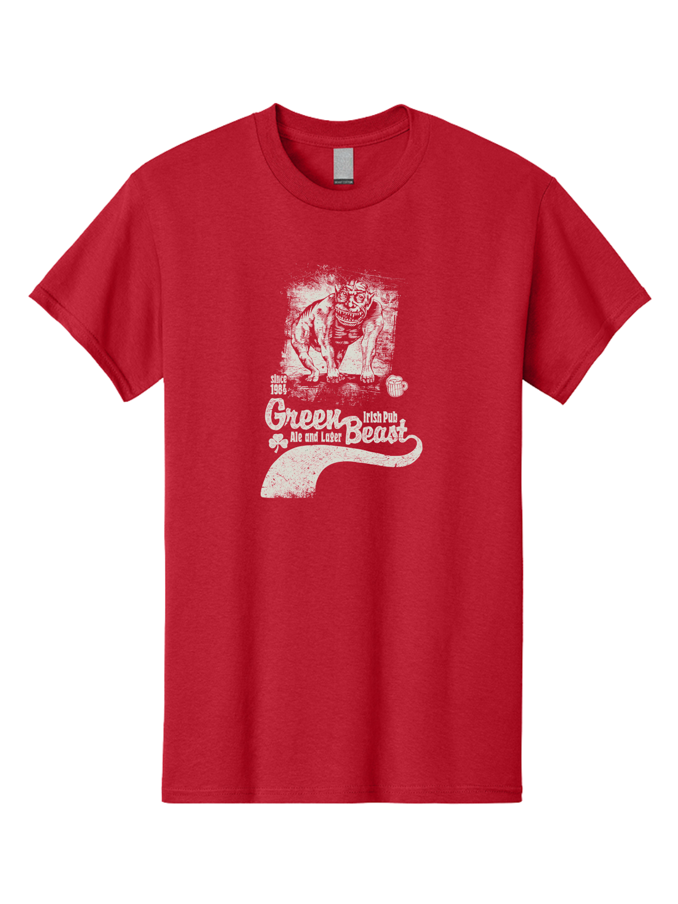 Green-Beast-Irish-Pub Men'S Graphic Tee, 100% Cotton, Comfortable Casual Summer Wear, Machine Washable, Irish Pub, Monster Drawing, Ale And Lager, Beer Mug, Since 1984, Four-Leaf Clover, Bar Signage, Pub Decor, Irish Heritage Aab969