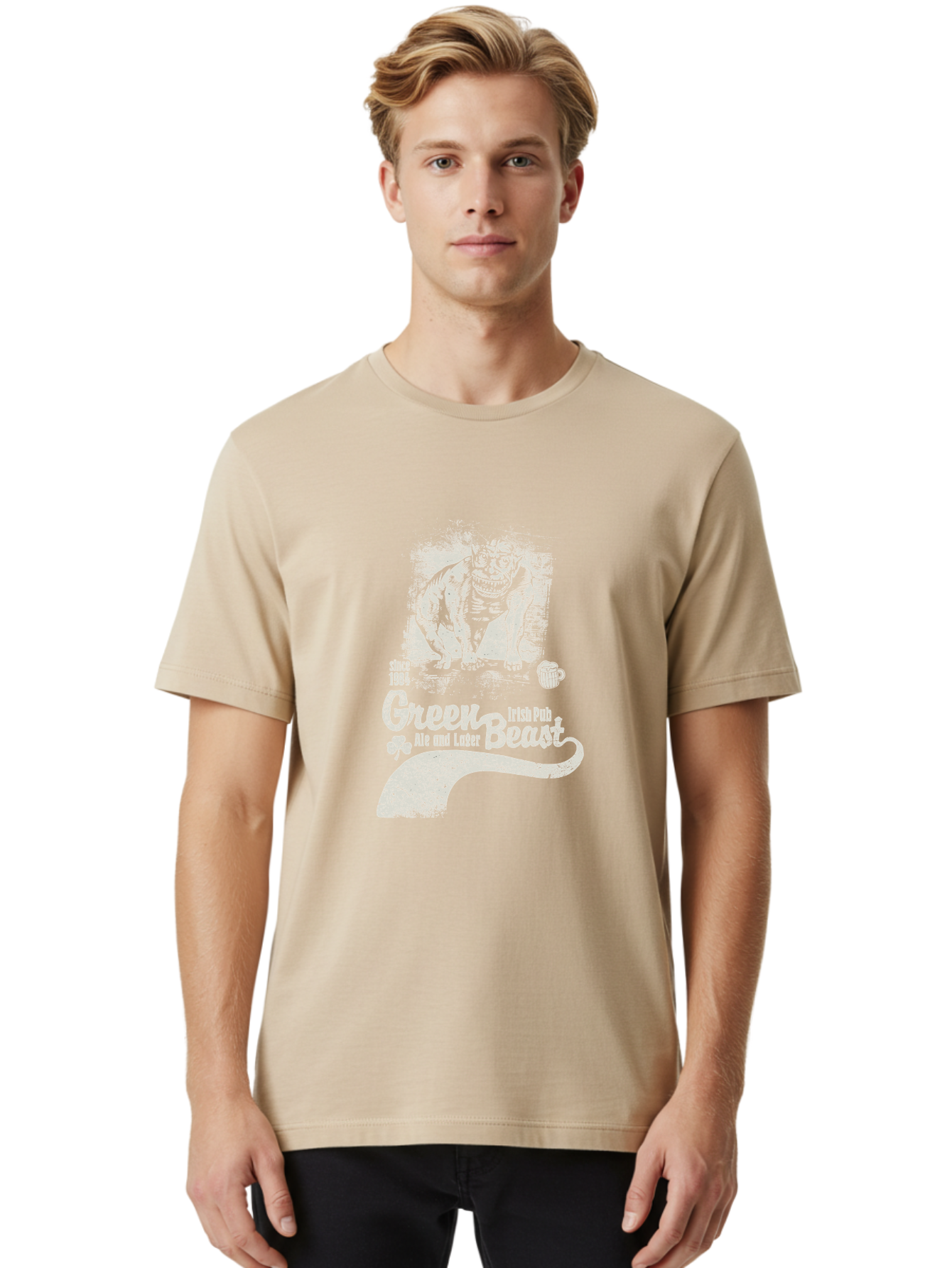 Green-Beast-Irish-Pub Men'S Graphic Tee, 100% Cotton, Comfortable Casual Summer Wear, Machine Washable, Irish Pub, Monster Drawing, Ale And Lager, Beer Mug, Since 1984, Four-Leaf Clover, Bar Signage, Pub Decor, Irish Heritage Aab969