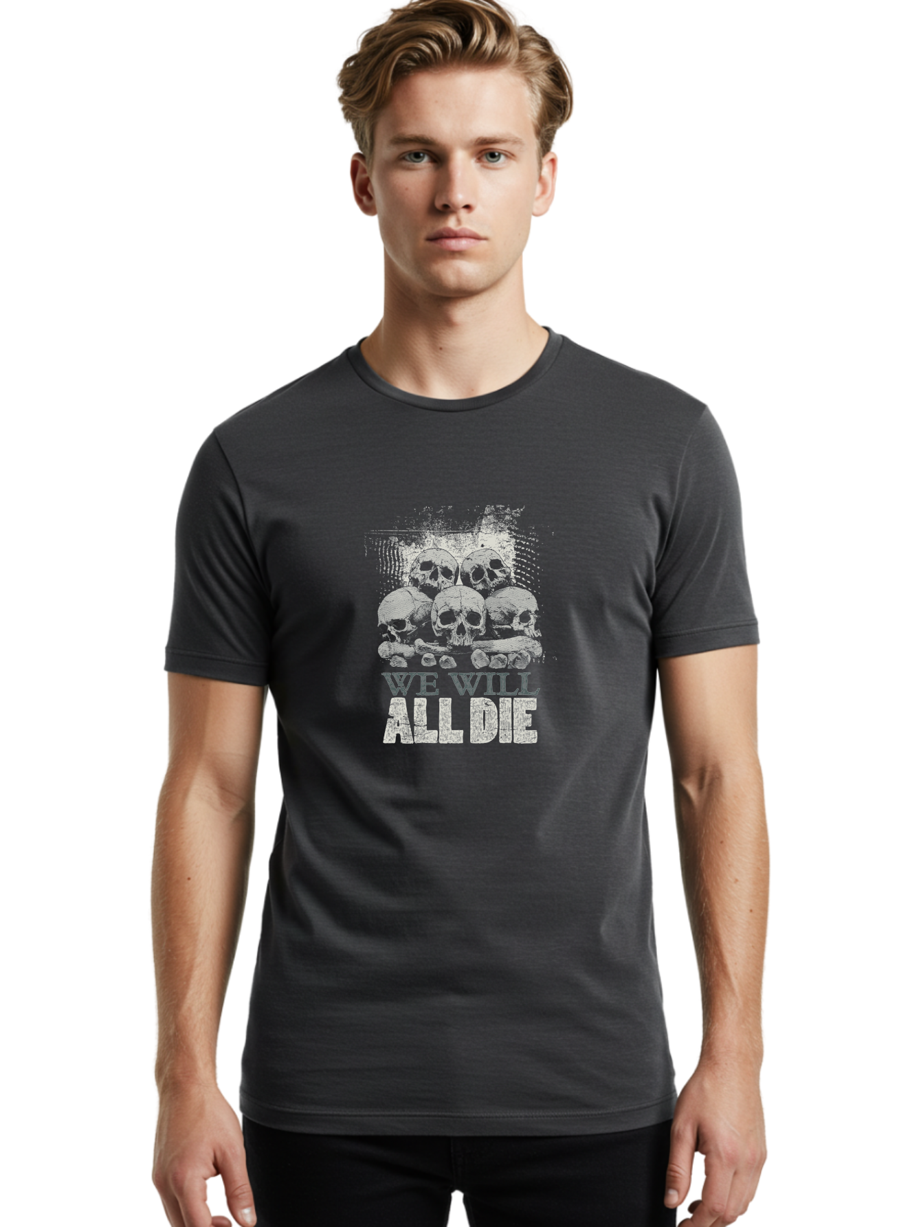 We-Will-All-Die Men'S Graphic Tee, 100% Cotton, Comfortable Casual Summer Wear, Machine Washable, Skull Pile, Human Skulls, Mortality Symbol, Death Theme, Grunge Style, Dark Art, Gothic Illustration, Skulls And Bones, We Will All Die Aab971