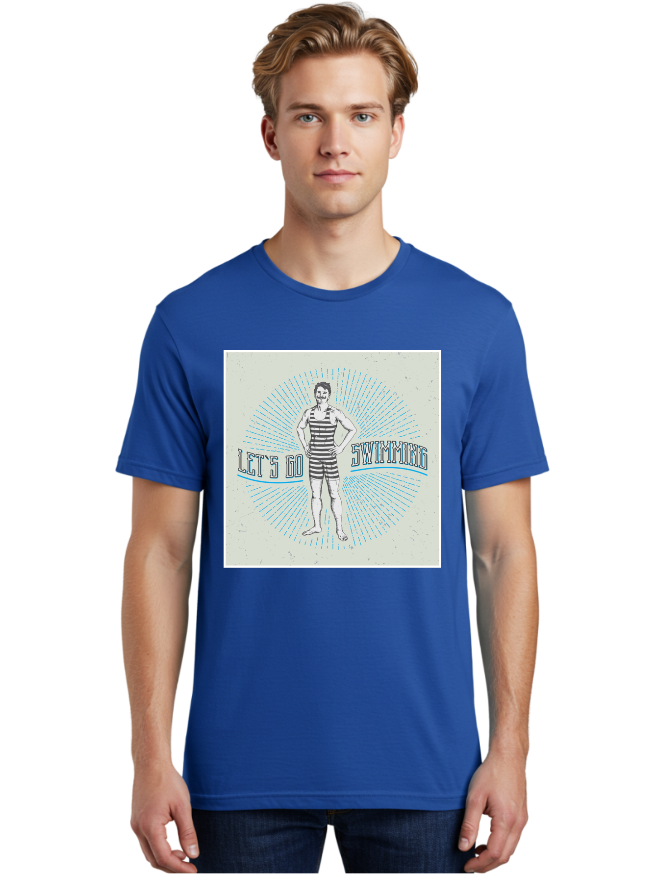 Let-S-Go-Swimming Men'S Graphic Tee, 100% Cotton, Comfortable Casual Summer Wear, Machine Washable, Vintage Swimmer, Retro Style, Black And White Stripes, Swimming Costume, Aquatic Activities, Water Sports, Nostalgic Design, Classic Swimwear, Aab973