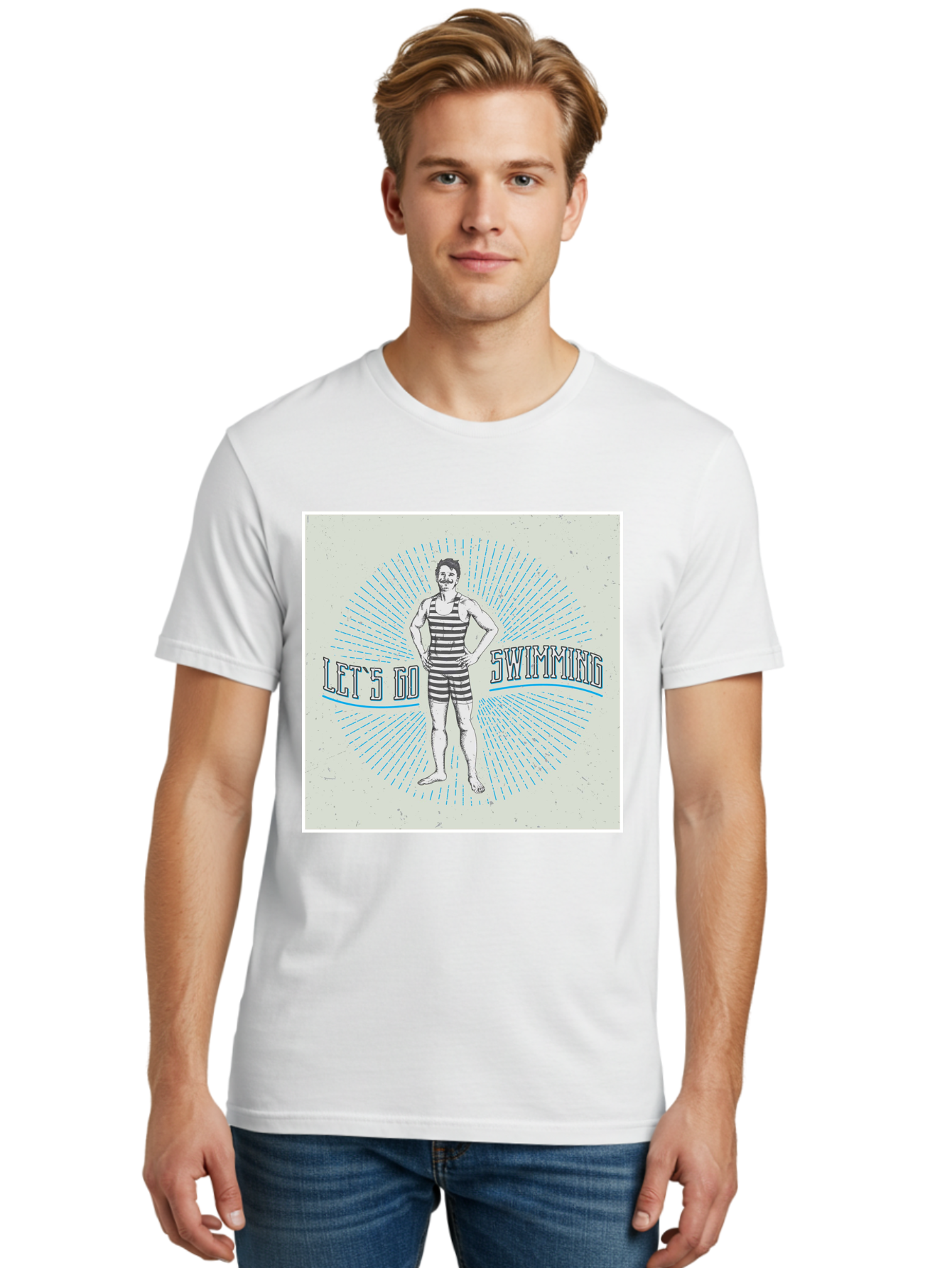 Let-S-Go-Swimming Men'S Graphic Tee, 100% Cotton, Comfortable Casual Summer Wear, Machine Washable, Vintage Swimmer, Retro Style, Black And White Stripes, Swimming Costume, Aquatic Activities, Water Sports, Nostalgic Design, Classic Swimwear, Aab973