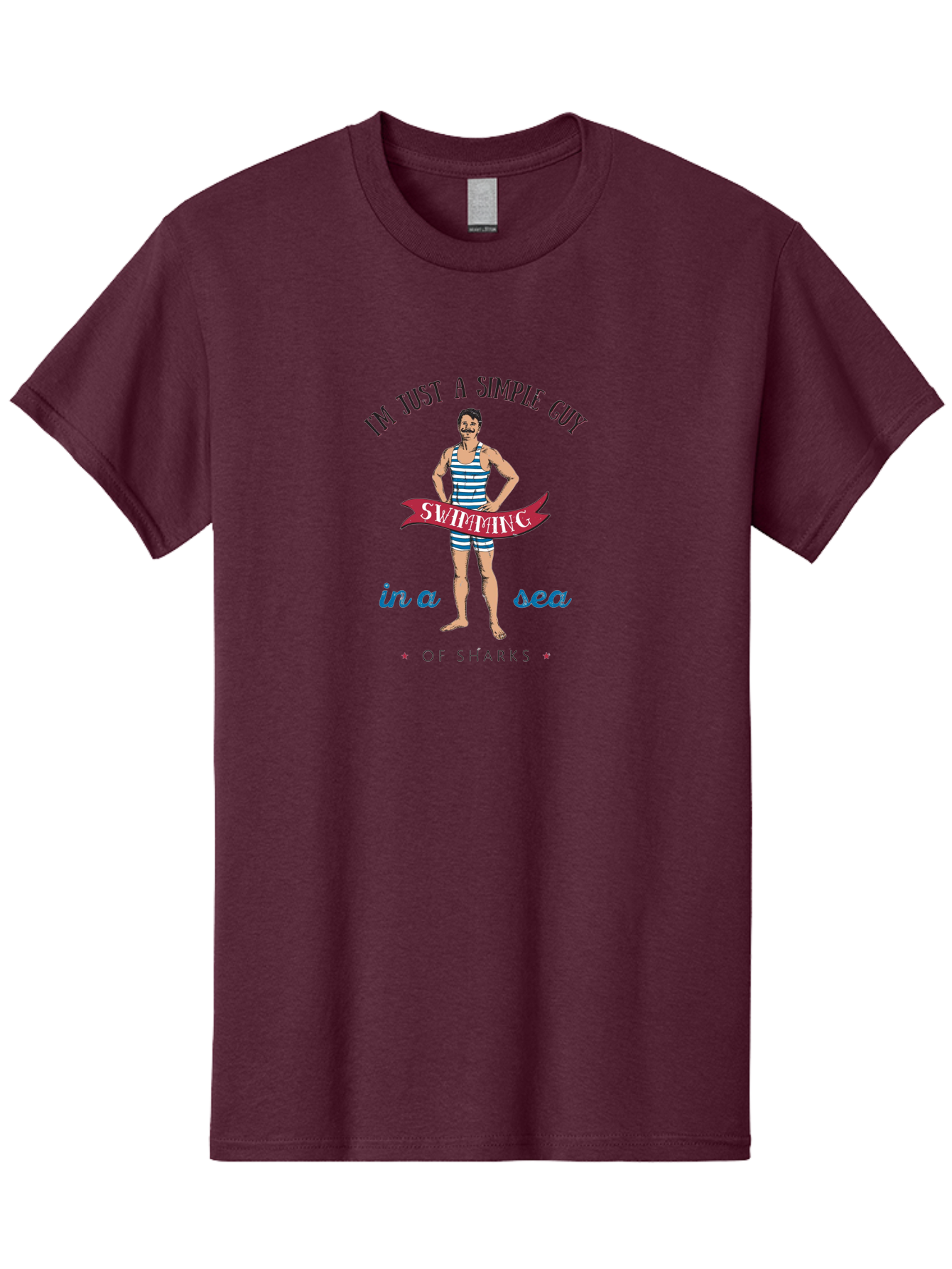 Simple-Guy-Swimming-1 Men'S Graphic Tee, 100% Cotton, Comfortable Casual Summer Wear, Machine Washable, Funny Cartoon, Vintage Swimmer, Blue Striped Swimsuit, Humorous Quote, Shark Humor, Retro Style, Ocean Joke, Witty Phrase, Swimmers, Aab974