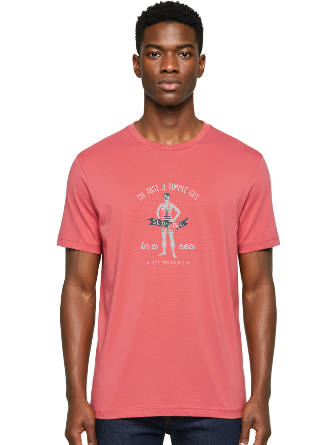 Simple-Guy-Swimming-2 Men'S Graphic Tee, 100% Cotton, Comfortable Casual Summer Wear, Machine Washable, Vintage Man, Striped Swimsuit, Confident Pose, Shark Warning, Ocean Danger, Retro Illustration, Humorous Quote, Fearless Attitude, Aab975