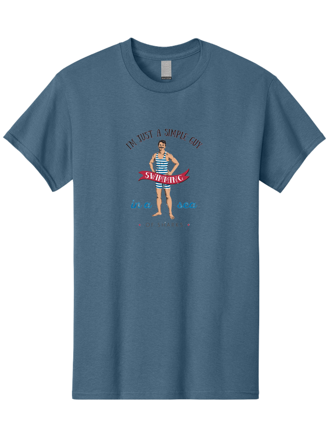 Simple-Guy-Swimming Men'S Graphic Tee, 100% Cotton, Comfortable Casual Summer Wear, Machine Washable, Funny Swimsuit Graphic, Vintage Swimwear, Humorous Quote, Retro Style, Simple Guy, Swimming, Sea Of Sharks, Playful Design, Aab977