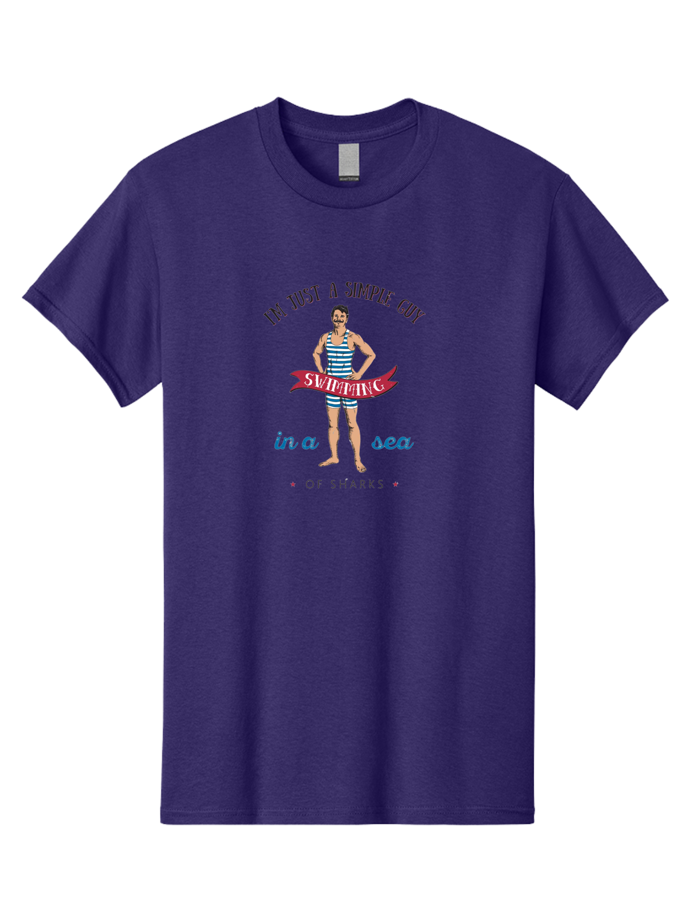Simple-Guy-Swimming Men'S Graphic Tee, 100% Cotton, Comfortable Casual Summer Wear, Machine Washable, Funny Swimsuit Graphic, Vintage Swimwear, Humorous Quote, Retro Style, Simple Guy, Swimming, Sea Of Sharks, Playful Design, Aab977