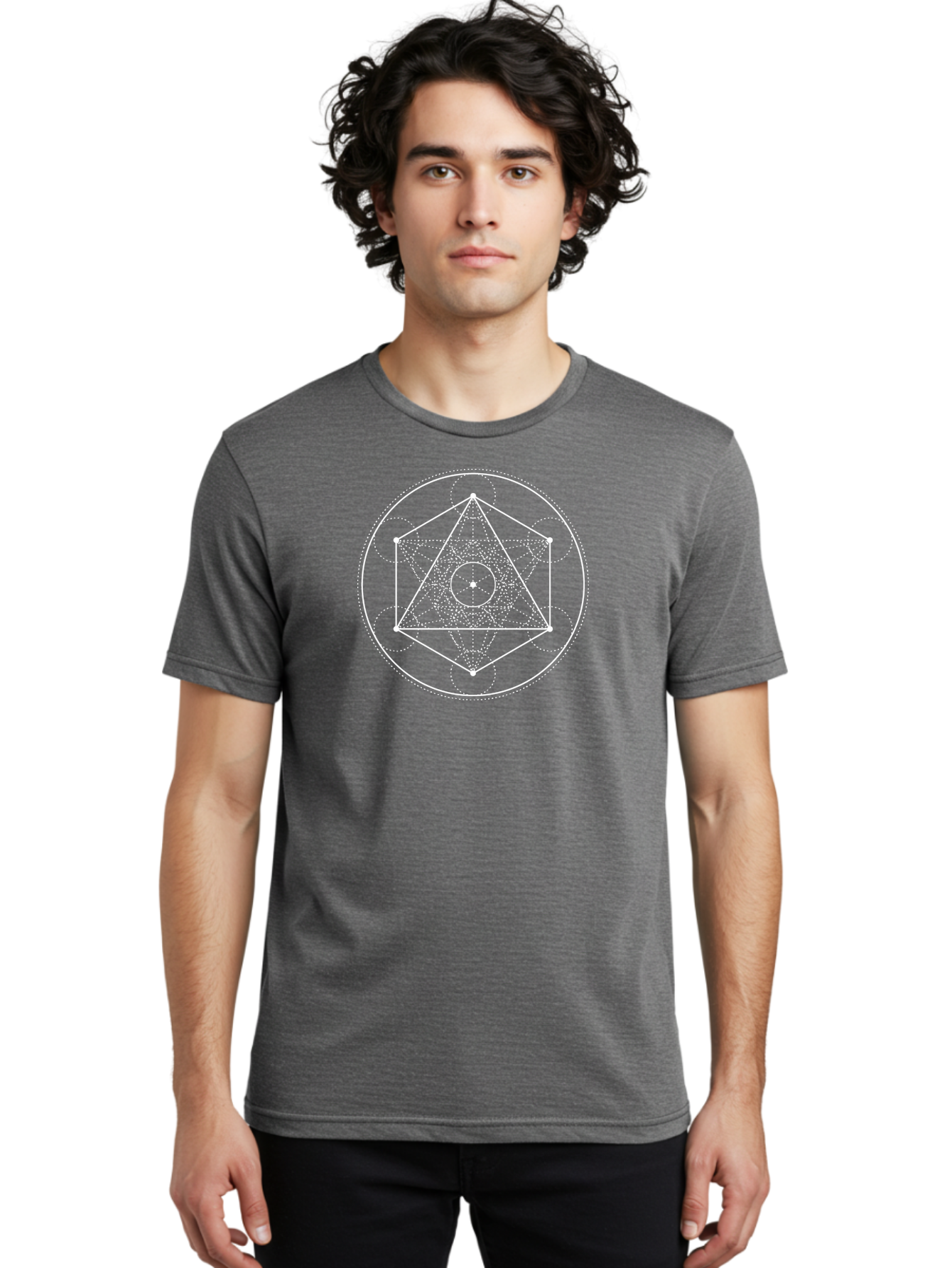 Geometric-Shape-2 Men'S Graphic Tee, 100% Cotton, Comfortable Casual Summer Wear, Machine Washable, Sacred Geometry, Geometric Shapes, Triangle, Circle, Spiritual Symbols, Mystical Patterns, White Lines, Dotted Lines, Spiritual Significance, Aab984