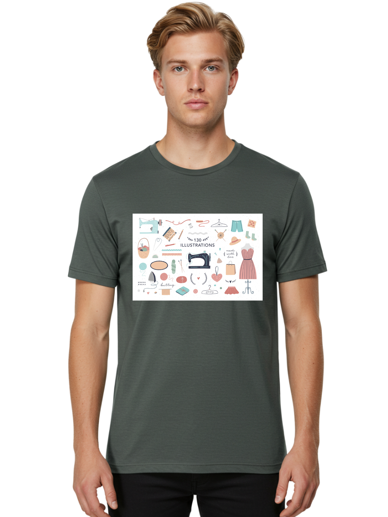 130-Illustrations Men'S Graphic Tee, 100% Cotton, Comfortable Casual Summer Wear, Machine Washable, Sewing Machine, Knitting Needles, Thread, Scissors, Clothes Hangers, Fashion Accessories, Diy Crafts, Handmade Clothing, 130 Illustrations, Aab997
