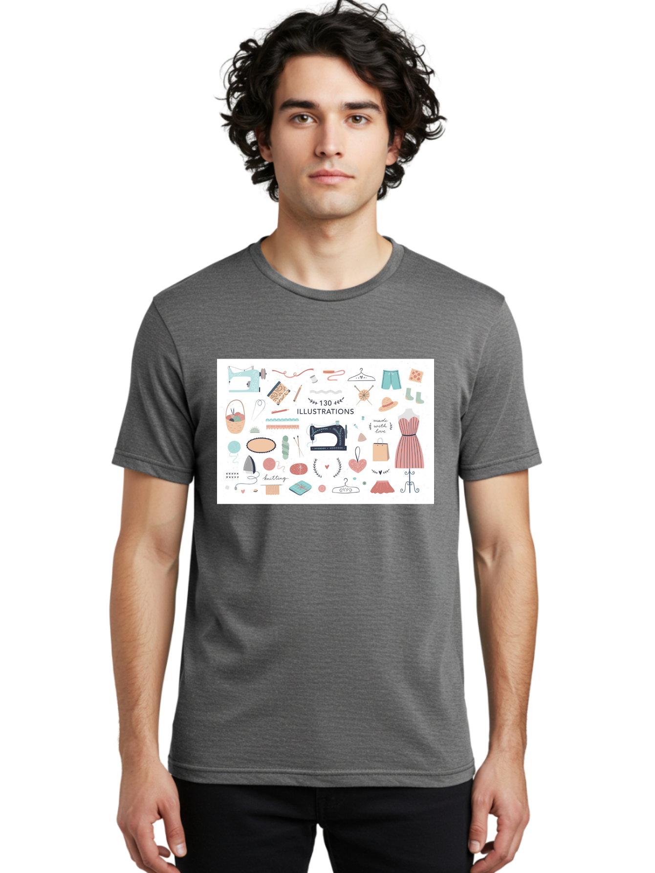 130-Illustrations Men'S Graphic Tee, 100% Cotton, Comfortable Casual Summer Wear, Machine Washable, Sewing Machine, Knitting Needles, Thread, Scissors, Clothes Hangers, Fashion Accessories, Diy Crafts, Handmade Clothing, 130 Illustrations, Aab997