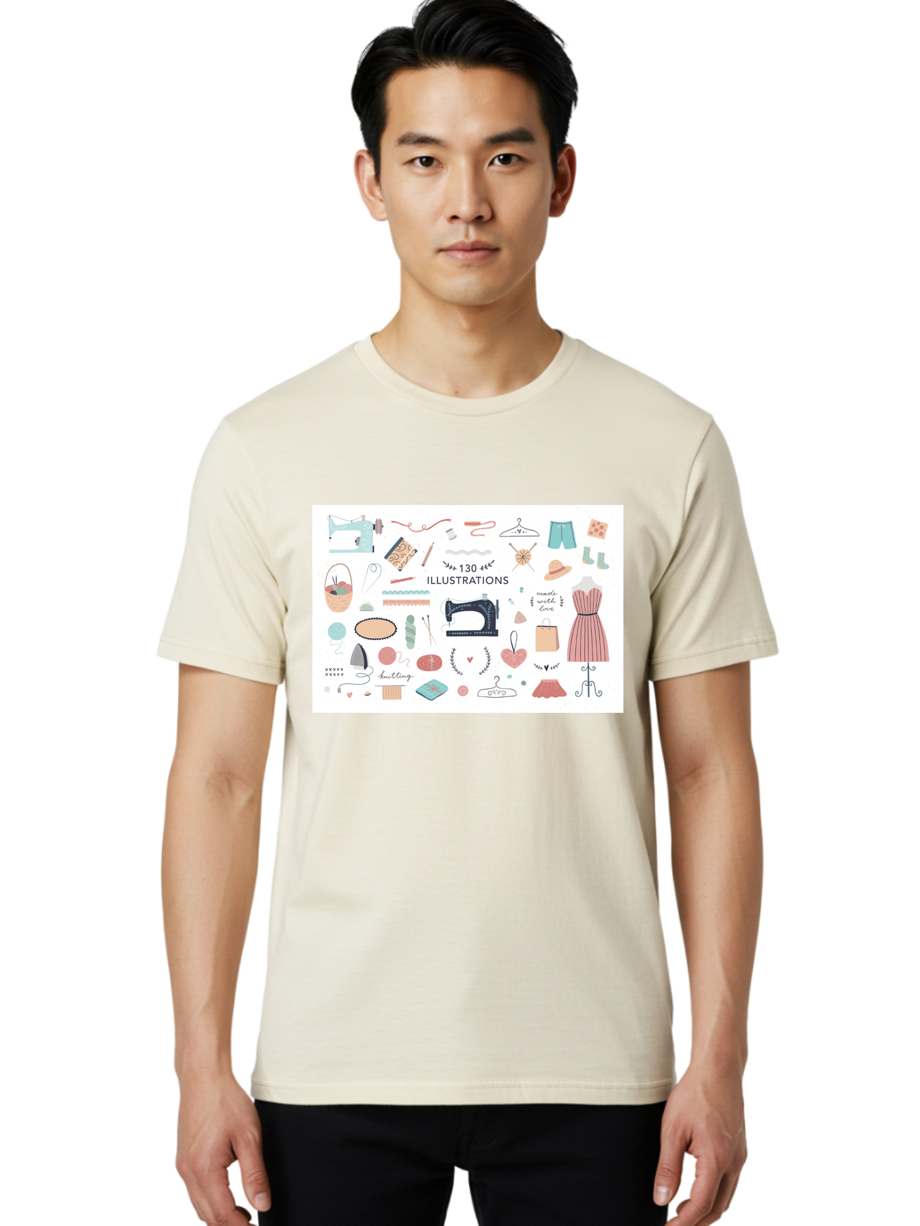 130-Illustrations Men'S Graphic Tee, 100% Cotton, Comfortable Casual Summer Wear, Machine Washable, Sewing Machine, Knitting Needles, Thread, Scissors, Clothes Hangers, Fashion Accessories, Diy Crafts, Handmade Clothing, 130 Illustrations, Aab997