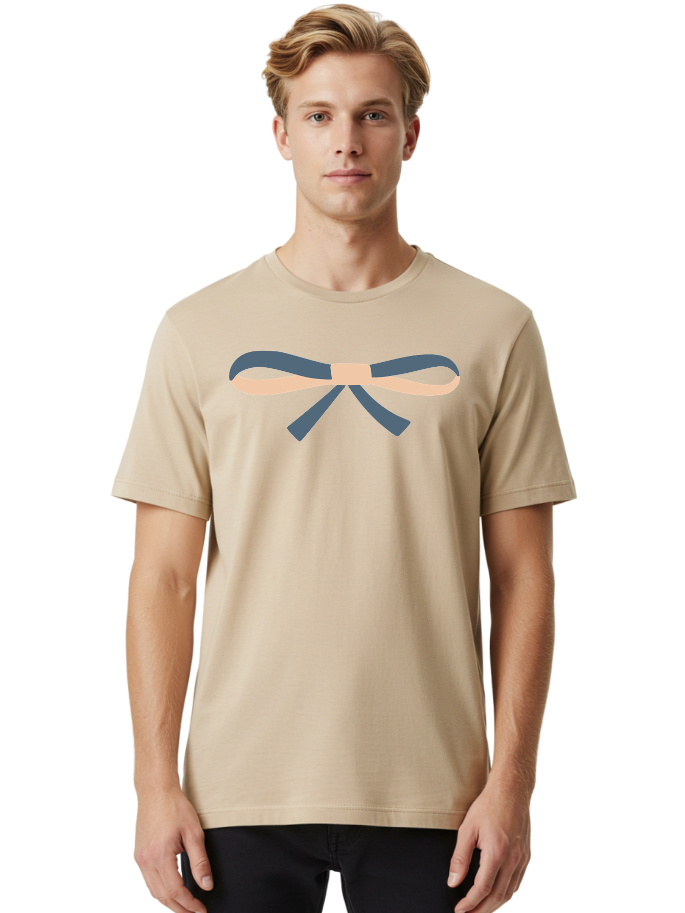 Blue-And-Beige-Bow Men'S Graphic Tee, 100% Cotton, Comfortable Casual Summer Wear, Machine Washable, Gift Wrapping, Decorative Ribbon, Bow Tie, Gift Decoration, Elegant Design, Stylish Presentation, Grey And Beige Ribbon Aac002