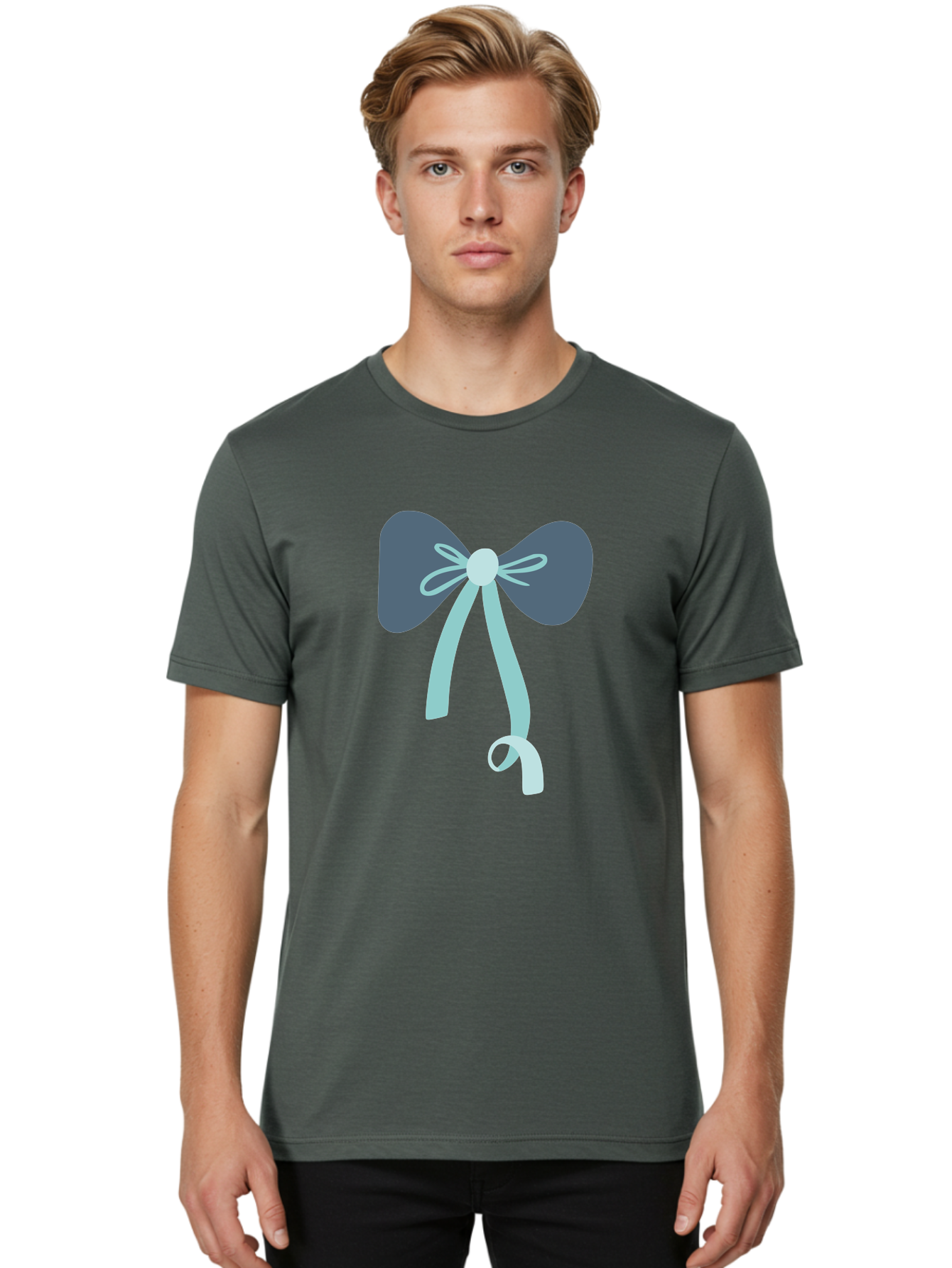 Bow-Ribbon Men'S Graphic Tee, 100% Cotton, Comfortable Casual Summer Wear, Machine Washable, Grey Bow, Blue Ribbon, Decorative Bow, Elegant Design, Stylish Accessory, Fashion Embellishment, Gift Wrapping, Party Decoration Aac004