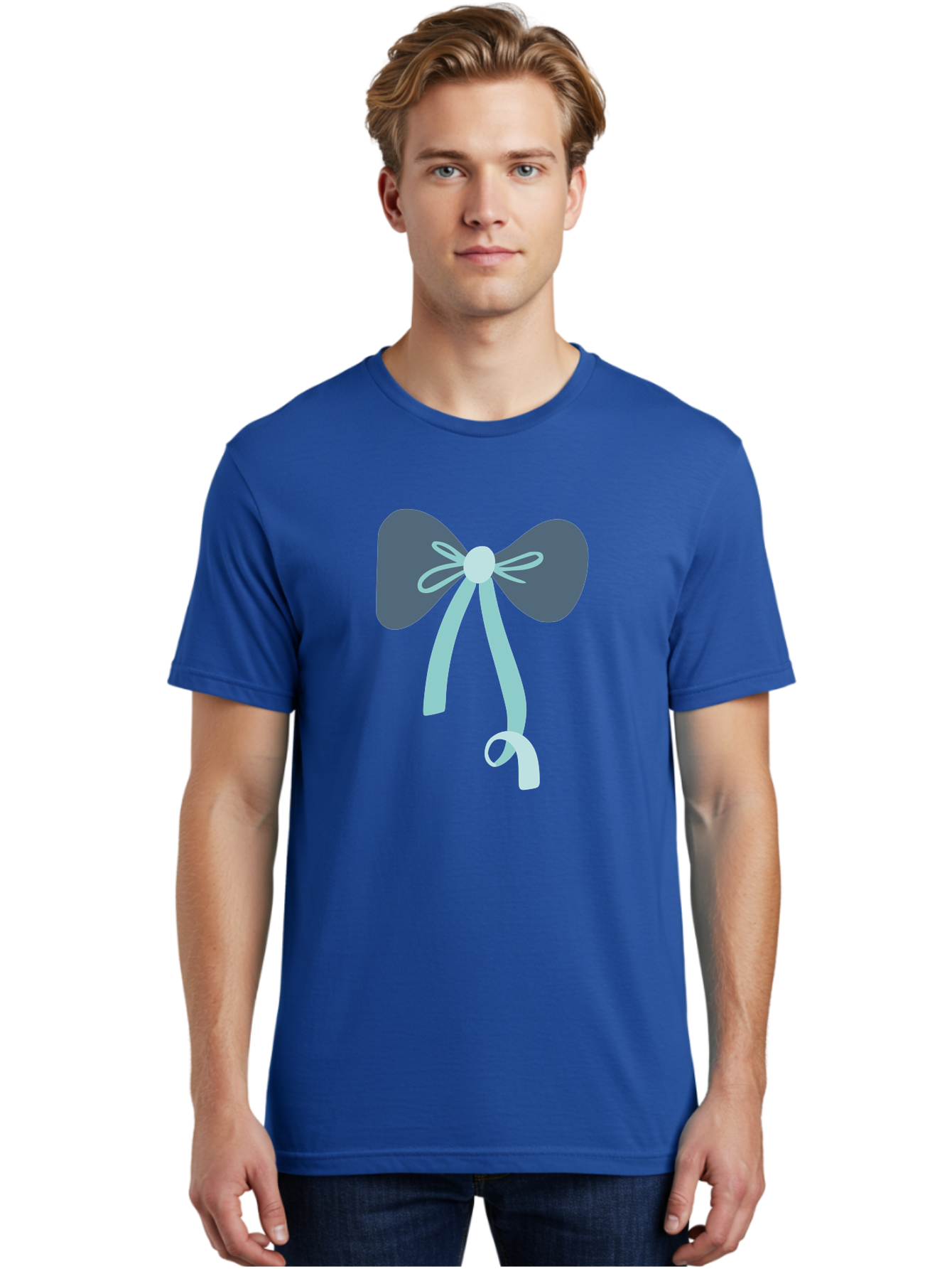 Bow-Ribbon Men'S Graphic Tee, 100% Cotton, Comfortable Casual Summer Wear, Machine Washable, Grey Bow, Blue Ribbon, Decorative Bow, Elegant Design, Stylish Accessory, Fashion Embellishment, Gift Wrapping, Party Decoration Aac004