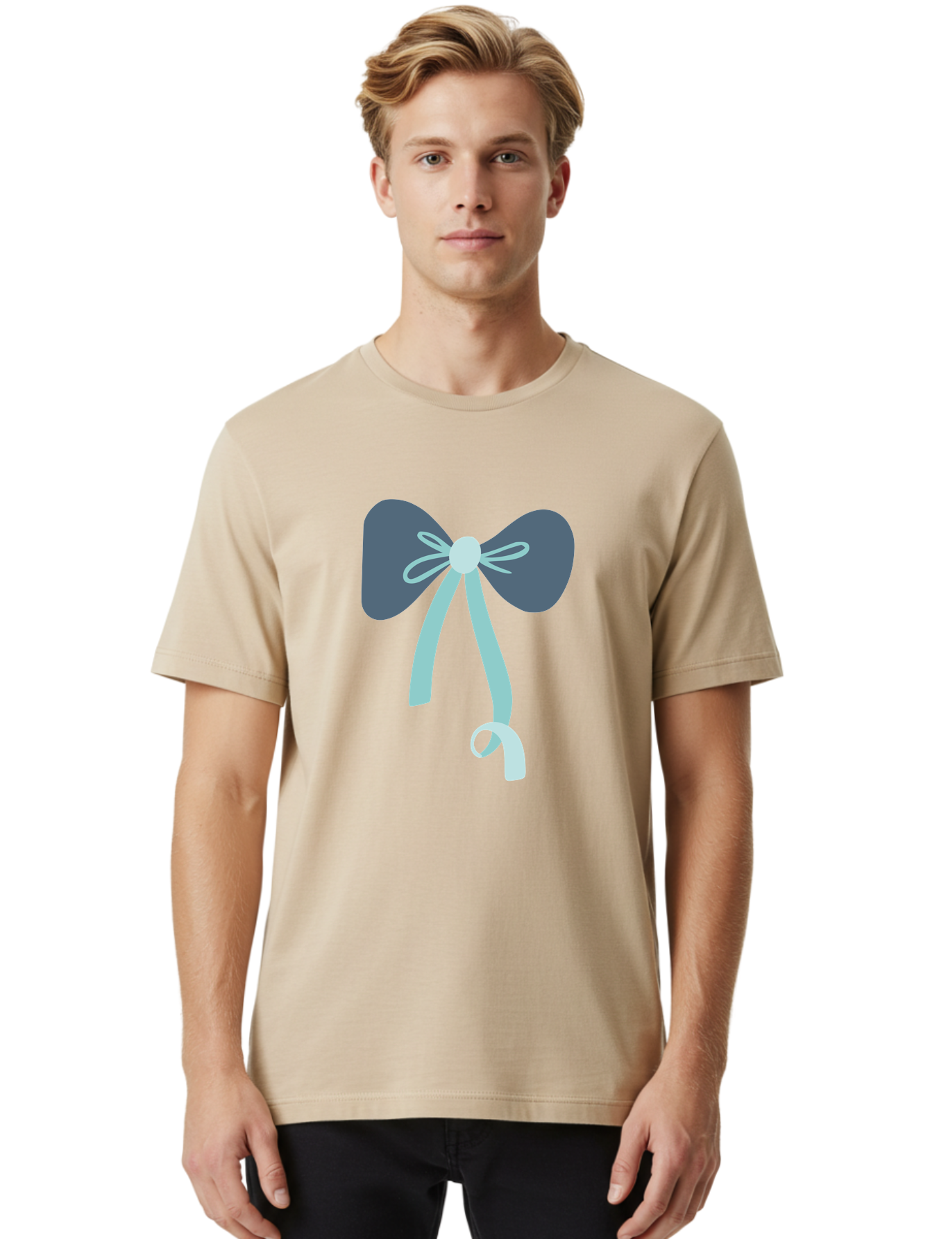 Bow-Ribbon Men'S Graphic Tee, 100% Cotton, Comfortable Casual Summer Wear, Machine Washable, Grey Bow, Blue Ribbon, Decorative Bow, Elegant Design, Stylish Accessory, Fashion Embellishment, Gift Wrapping, Party Decoration Aac004