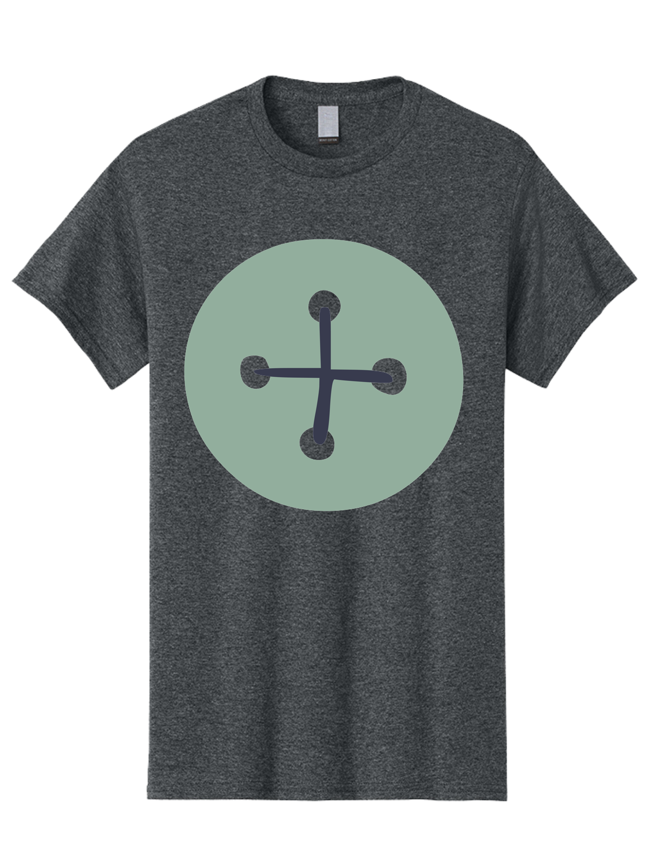 Button Men'S Graphic Tee, 100% Cotton, Comfortable Casual Summer Wear, Machine Washable, Dark Gray Plus Sign, Gray Circle, Green Dots, Simple Graphic, Minimalist Design, Geometric Shape, Abstract Art Aac005