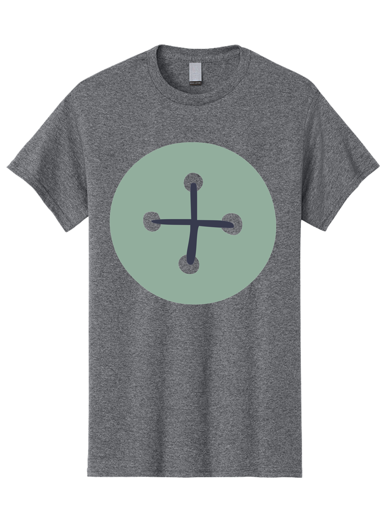 Button Men'S Graphic Tee, 100% Cotton, Comfortable Casual Summer Wear, Machine Washable, Dark Gray Plus Sign, Gray Circle, Green Dots, Simple Graphic, Minimalist Design, Geometric Shape, Abstract Art Aac005