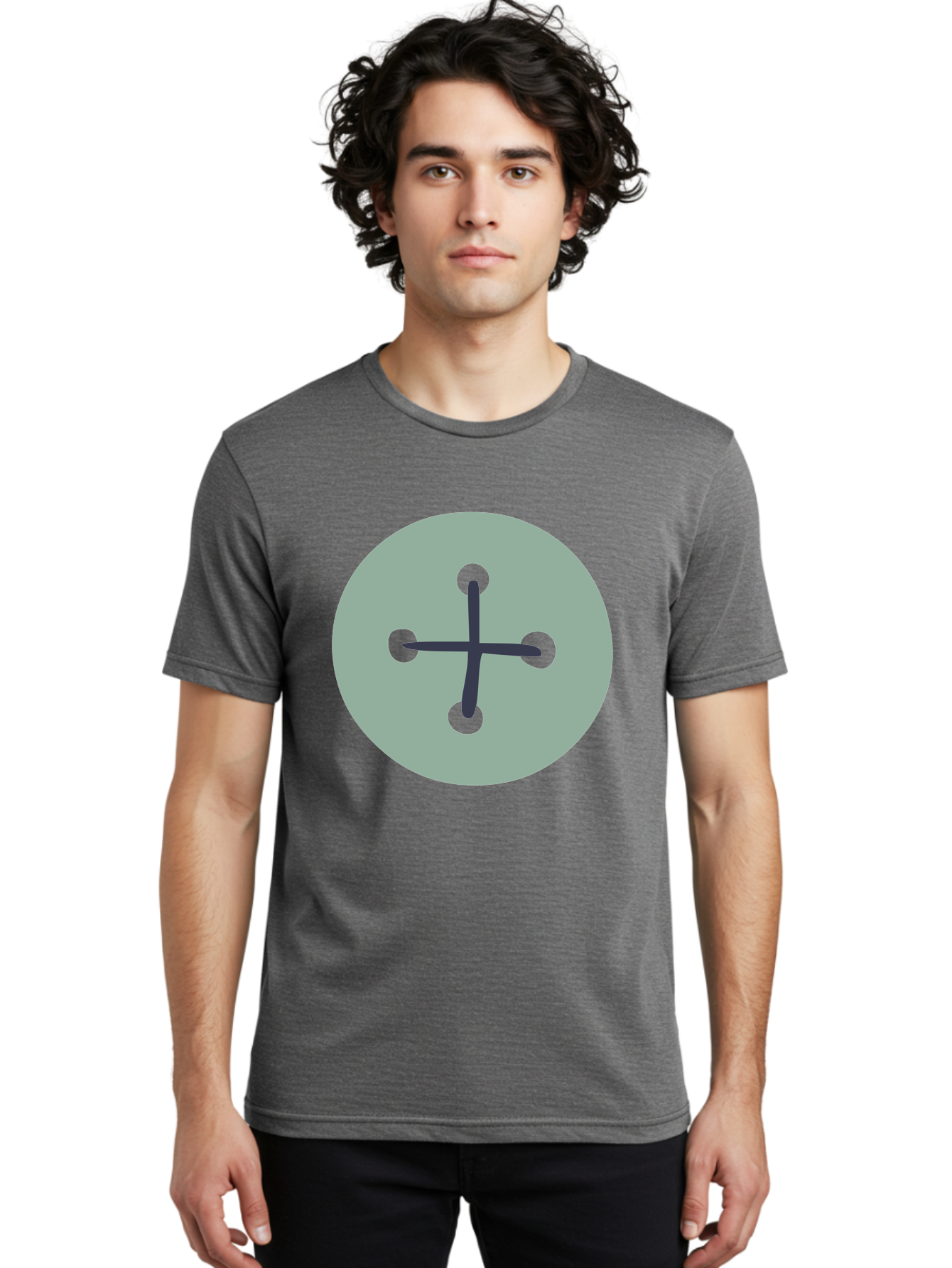 Button Men'S Graphic Tee, 100% Cotton, Comfortable Casual Summer Wear, Machine Washable, Dark Gray Plus Sign, Gray Circle, Green Dots, Simple Graphic, Minimalist Design, Geometric Shape, Abstract Art Aac005