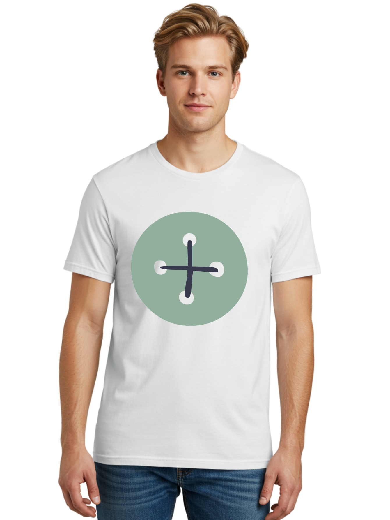 Button Men'S Graphic Tee, 100% Cotton, Comfortable Casual Summer Wear, Machine Washable, Dark Gray Plus Sign, Gray Circle, Green Dots, Simple Graphic, Minimalist Design, Geometric Shape, Abstract Art Aac005