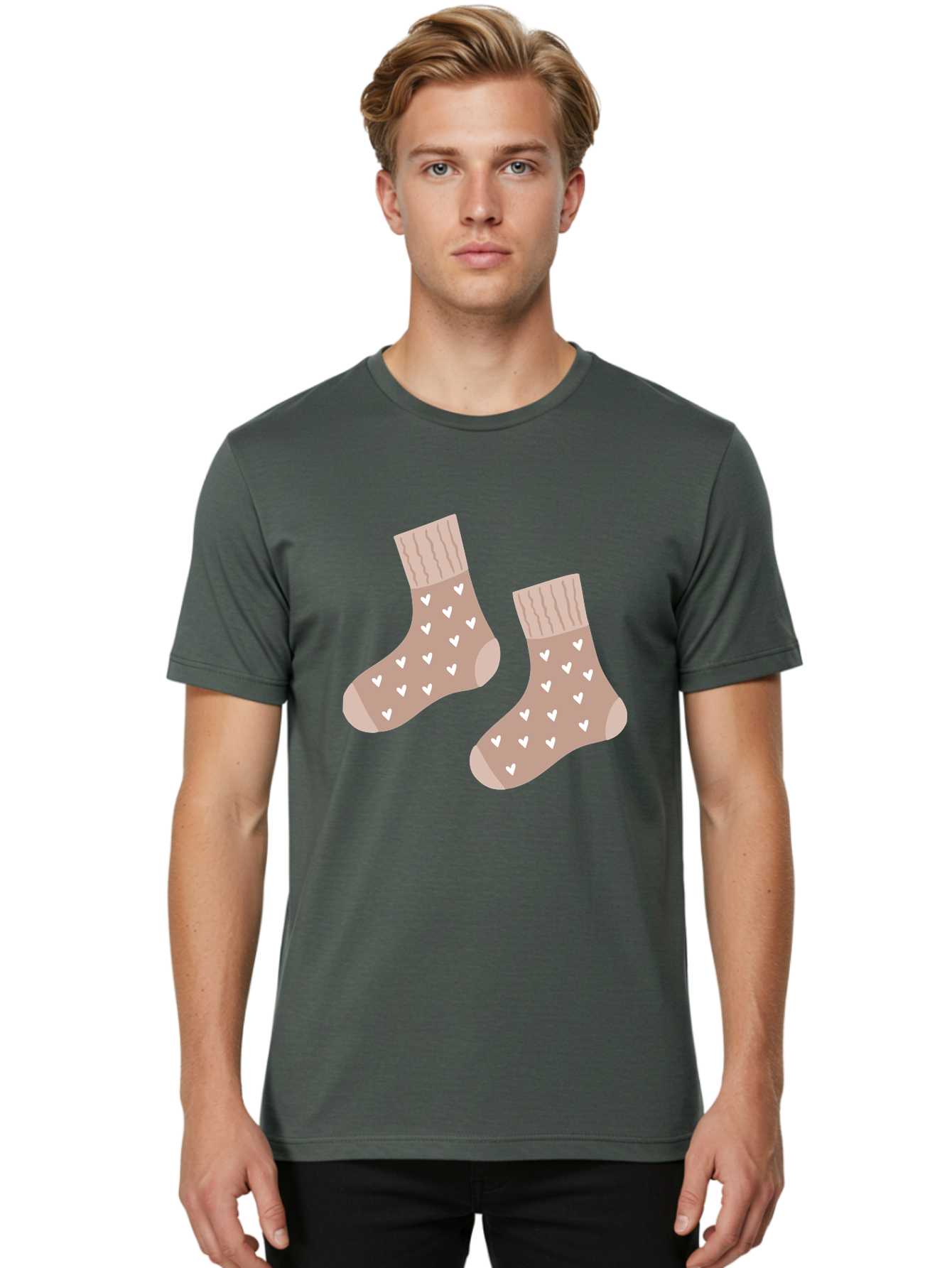 Cozy-Socks-With-Hearts Men'S Graphic Tee, 100% Cotton, Comfortable Casual Summer Wear, Machine Washable, Tan Socks, White Hearts, Cozy Footwear, Casual Fashion, Comfortable Socks, Heart Pattern, Soft Socks, Warm Socks, Everyday Wear, Aac009