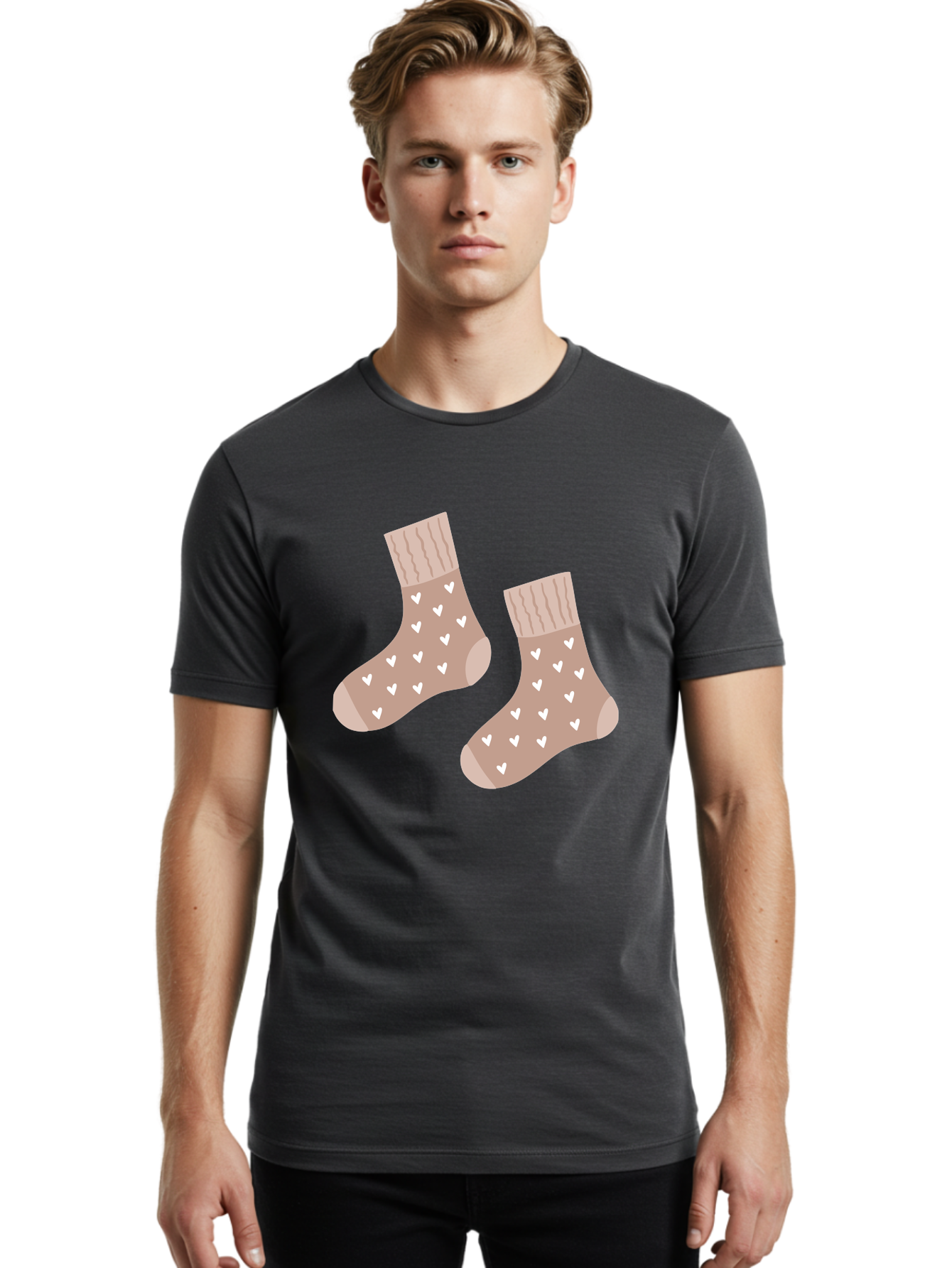 Cozy-Socks-With-Hearts Men'S Graphic Tee, 100% Cotton, Comfortable Casual Summer Wear, Machine Washable, Tan Socks, White Hearts, Cozy Footwear, Casual Fashion, Comfortable Socks, Heart Pattern, Soft Socks, Warm Socks, Everyday Wear, Aac009