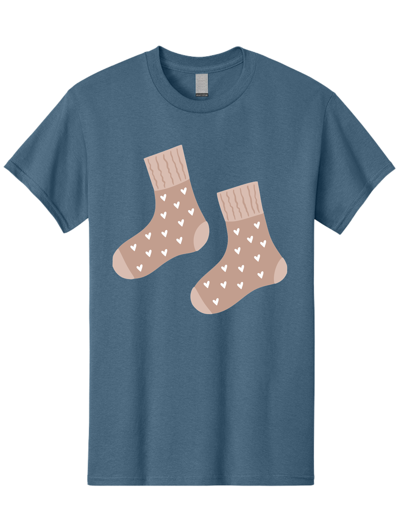 Cozy-Socks-With-Hearts Men'S Graphic Tee, 100% Cotton, Comfortable Casual Summer Wear, Machine Washable, Tan Socks, White Hearts, Cozy Footwear, Casual Fashion, Comfortable Socks, Heart Pattern, Soft Socks, Warm Socks, Everyday Wear, Aac009