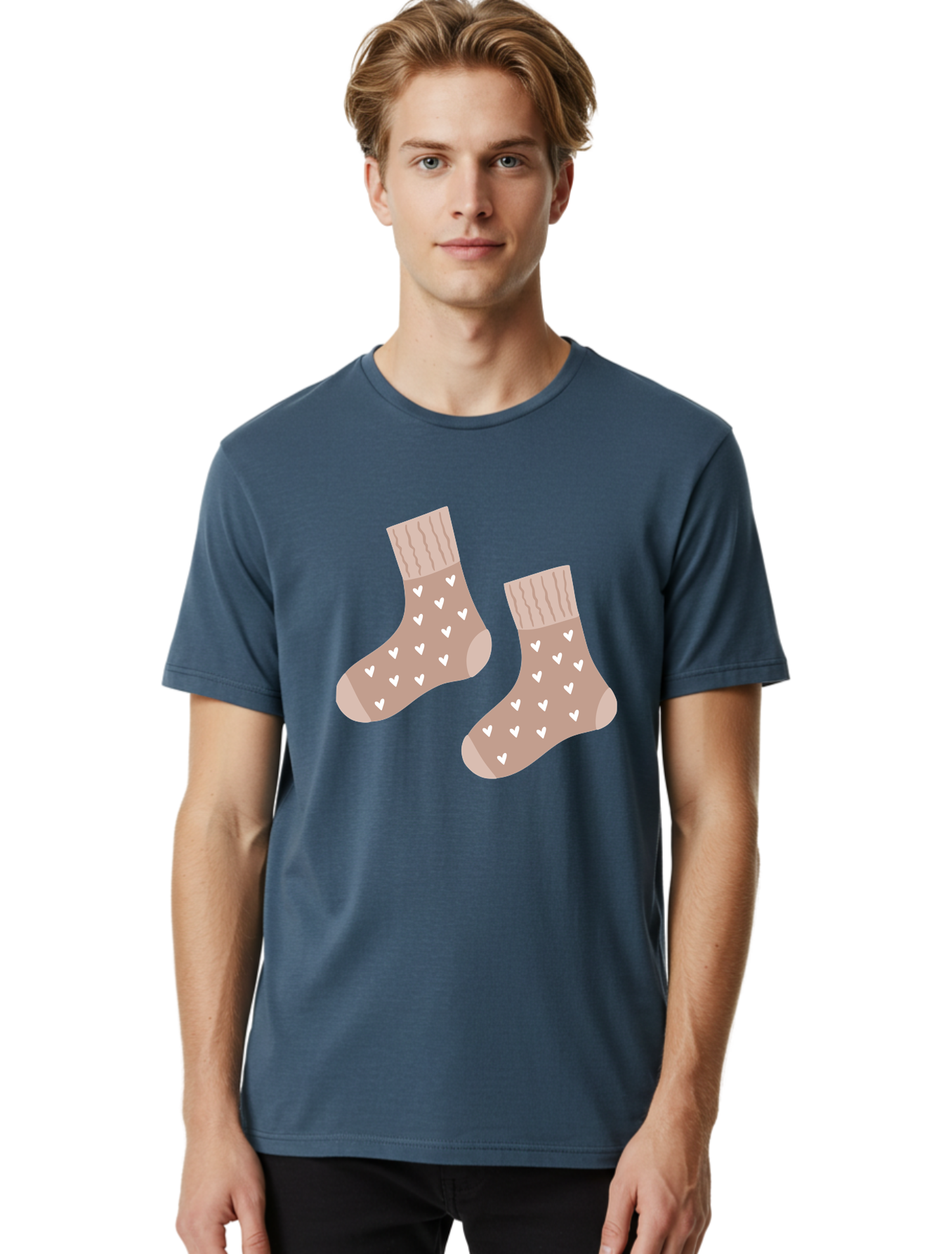 Cozy-Socks-With-Hearts Men'S Graphic Tee, 100% Cotton, Comfortable Casual Summer Wear, Machine Washable, Tan Socks, White Hearts, Cozy Footwear, Casual Fashion, Comfortable Socks, Heart Pattern, Soft Socks, Warm Socks, Everyday Wear, Aac009