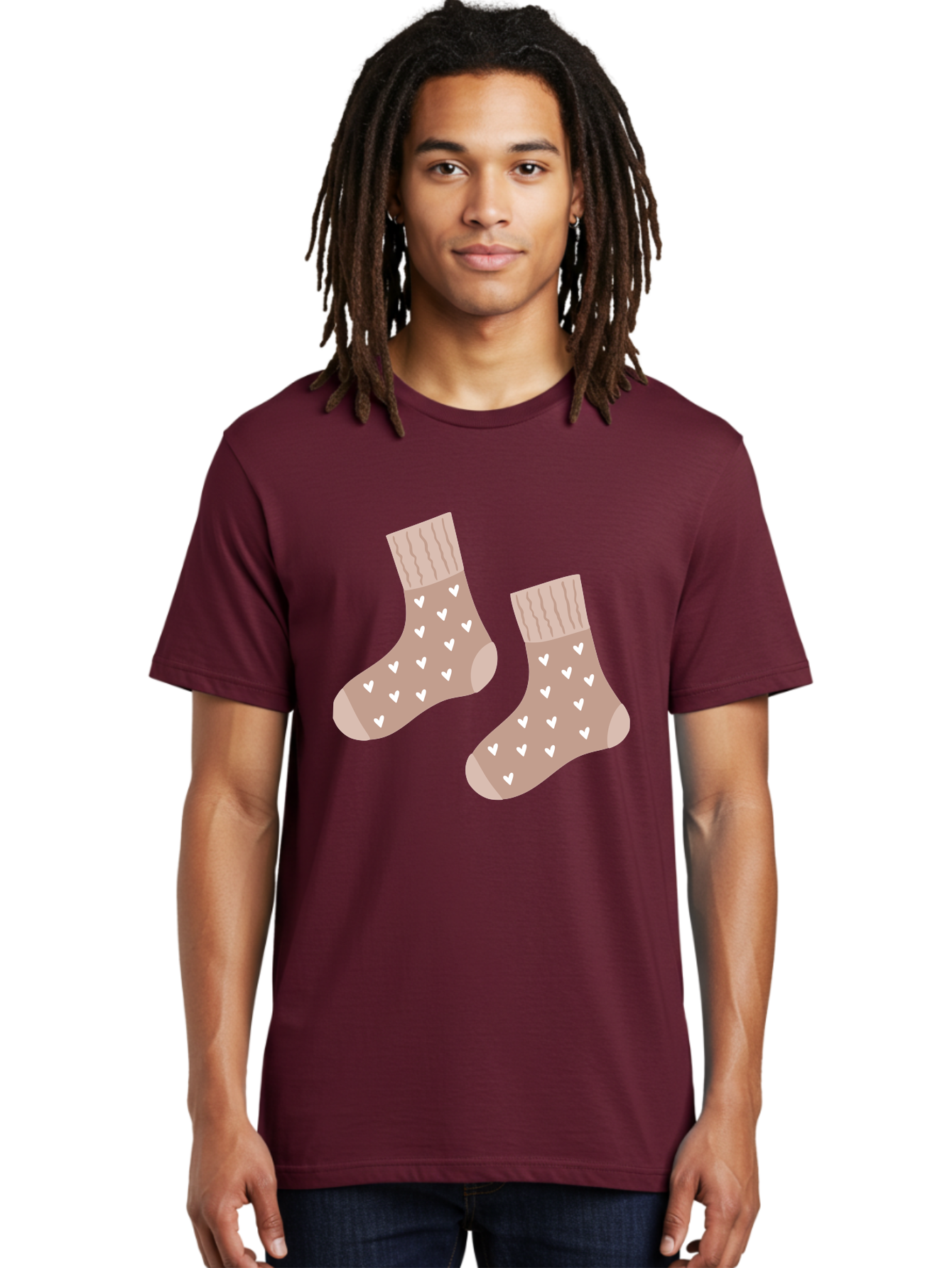 Cozy-Socks-With-Hearts Men'S Graphic Tee, 100% Cotton, Comfortable Casual Summer Wear, Machine Washable, Tan Socks, White Hearts, Cozy Footwear, Casual Fashion, Comfortable Socks, Heart Pattern, Soft Socks, Warm Socks, Everyday Wear, Aac009