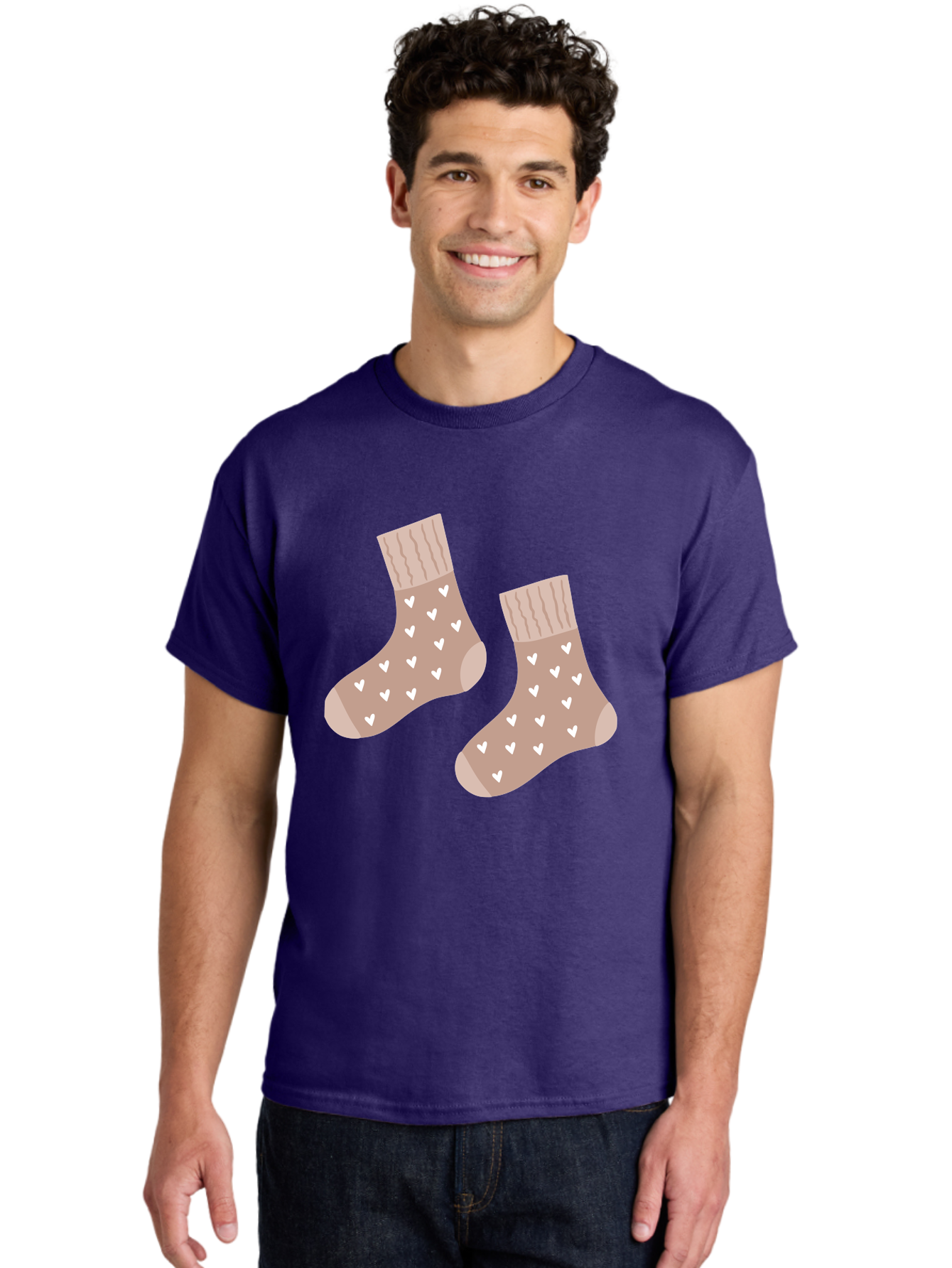 Cozy-Socks-With-Hearts Men'S Graphic Tee, 100% Cotton, Comfortable Casual Summer Wear, Machine Washable, Tan Socks, White Hearts, Cozy Footwear, Casual Fashion, Comfortable Socks, Heart Pattern, Soft Socks, Warm Socks, Everyday Wear, Aac009