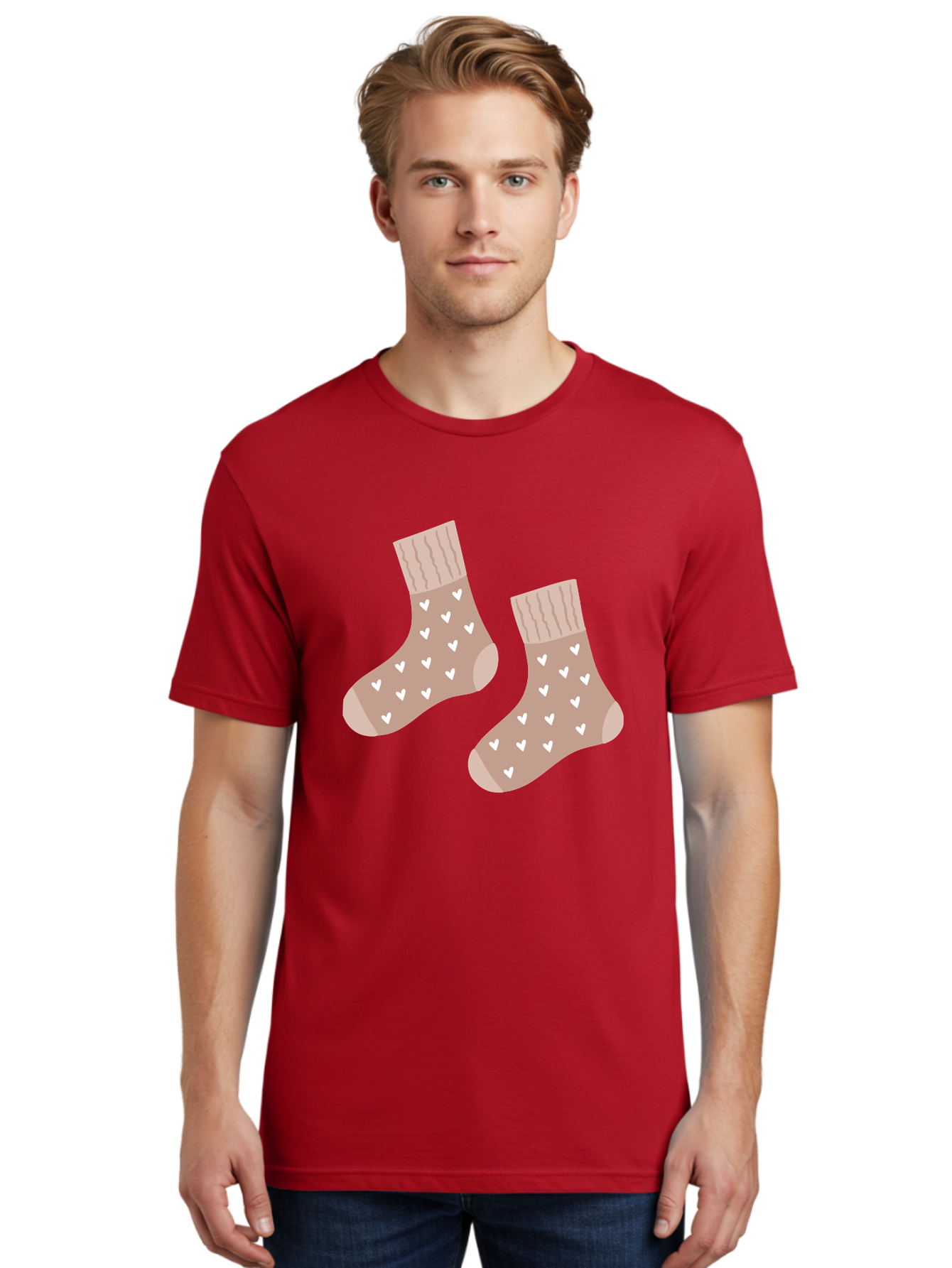 Cozy-Socks-With-Hearts Men'S Graphic Tee, 100% Cotton, Comfortable Casual Summer Wear, Machine Washable, Tan Socks, White Hearts, Cozy Footwear, Casual Fashion, Comfortable Socks, Heart Pattern, Soft Socks, Warm Socks, Everyday Wear, Aac009