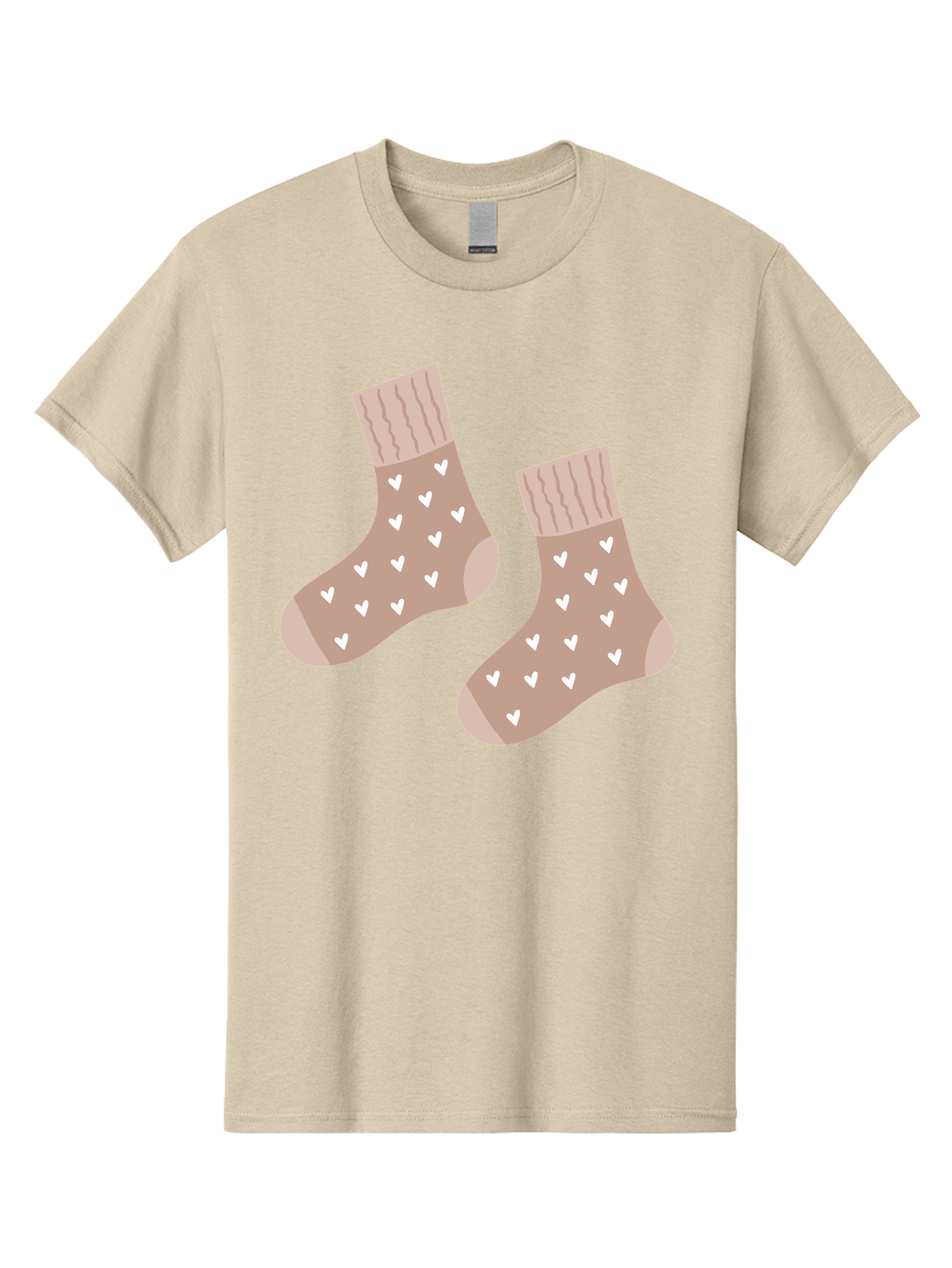 Cozy-Socks-With-Hearts Men'S Graphic Tee, 100% Cotton, Comfortable Casual Summer Wear, Machine Washable, Tan Socks, White Hearts, Cozy Footwear, Casual Fashion, Comfortable Socks, Heart Pattern, Soft Socks, Warm Socks, Everyday Wear, Aac009