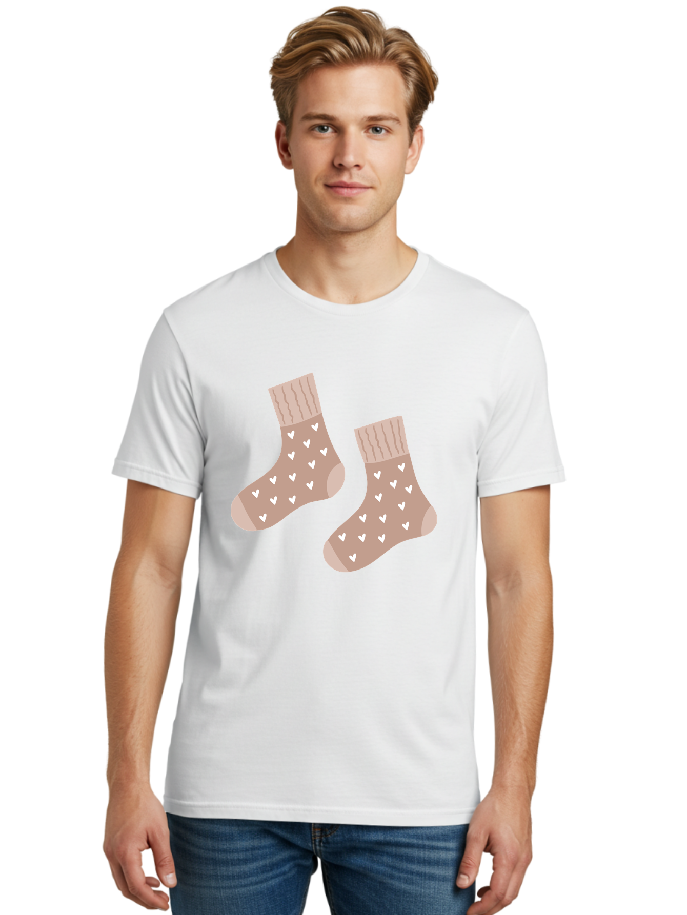 Cozy-Socks-With-Hearts Men'S Graphic Tee, 100% Cotton, Comfortable Casual Summer Wear, Machine Washable, Tan Socks, White Hearts, Cozy Footwear, Casual Fashion, Comfortable Socks, Heart Pattern, Soft Socks, Warm Socks, Everyday Wear, Aac009