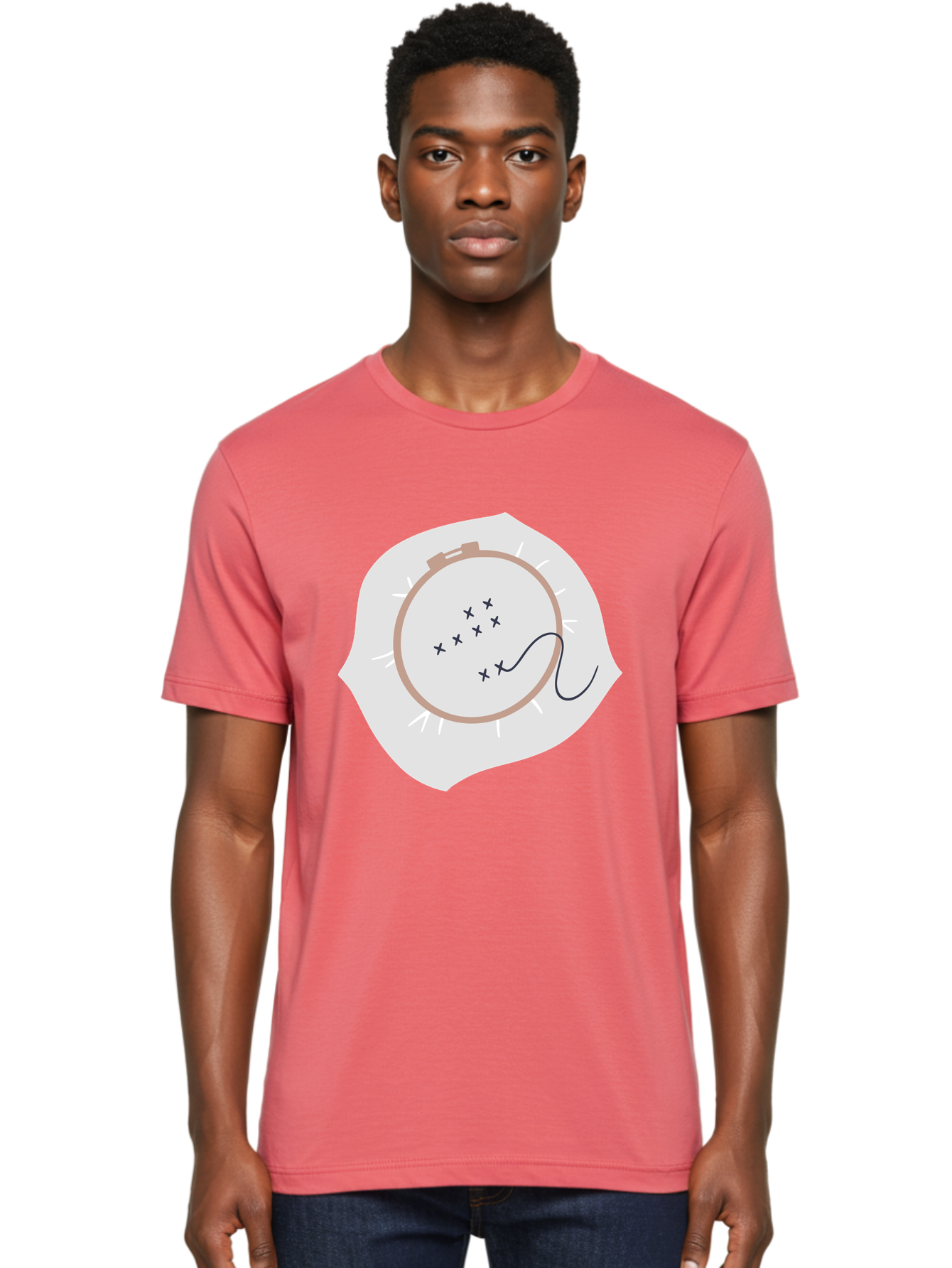 Embroidery-Hoop Men'S Graphic Tee, 100% Cotton, Comfortable Casual Summer Wear, Machine Washable, Embroidery Hoop, Stitching, Needlework, Sewing, Crafting, Diy Project, Handmade, Cross-Stitch Pattern, Thread, Fabric Art Aac027