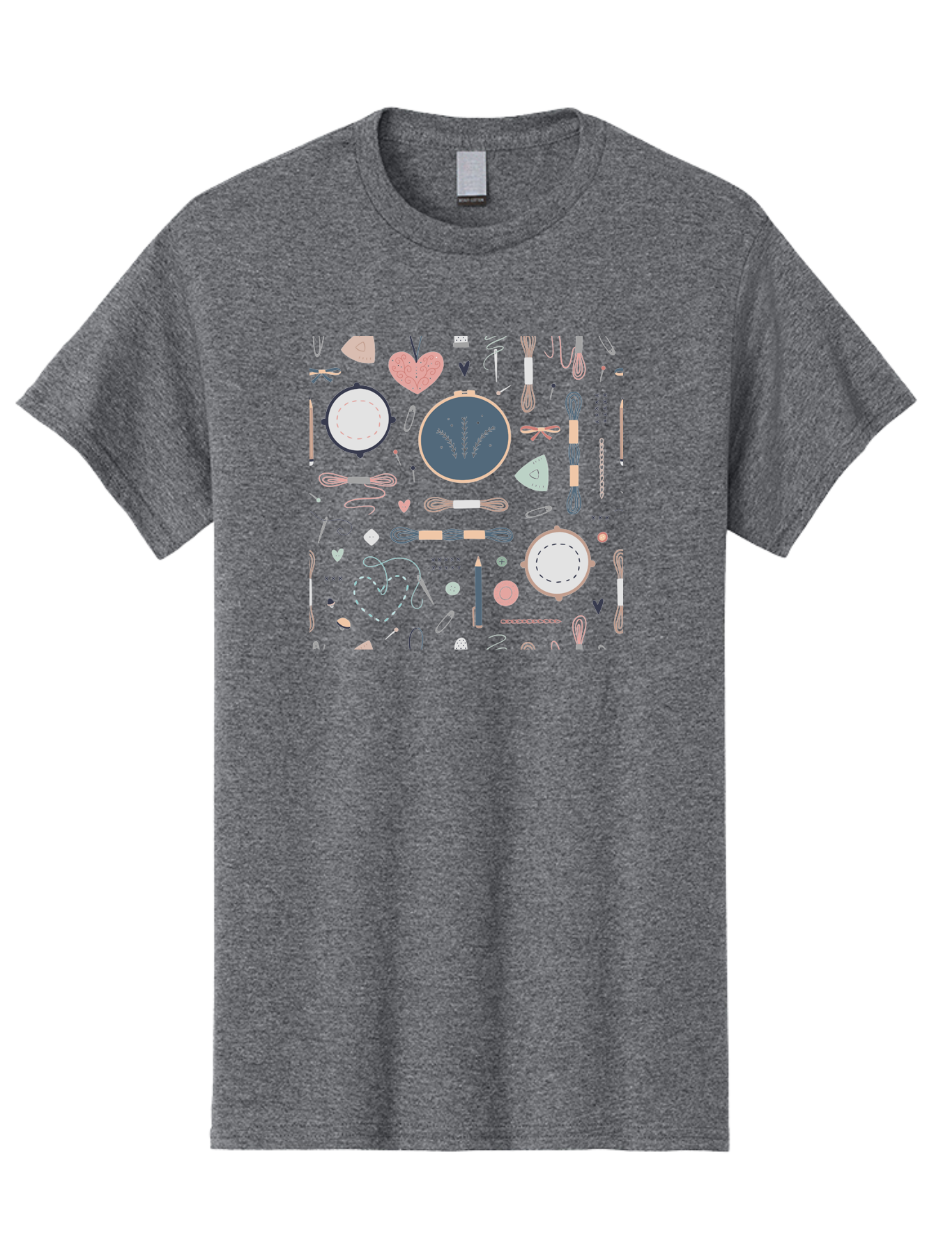 Embroidery-Hoops Men'S Graphic Tee, 100% Cotton, Comfortable Casual Summer Wear, Machine Washable, Sewing Accessories, Crafting Supplies, Thread, Needle, Scissors, Embroidery Hoops, Hearts, Pastel Colors, Stitching, Diy, Handmade, Crafting, Aac028