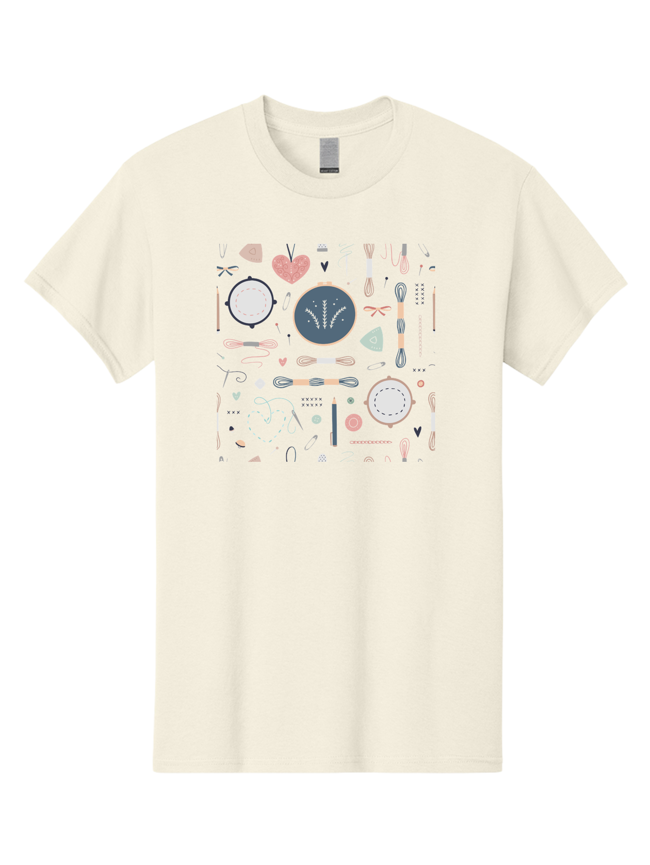 Embroidery-Hoops Men'S Graphic Tee, 100% Cotton, Comfortable Casual Summer Wear, Machine Washable, Sewing Accessories, Crafting Supplies, Thread, Needle, Scissors, Embroidery Hoops, Hearts, Pastel Colors, Stitching, Diy, Handmade, Crafting, Aac028