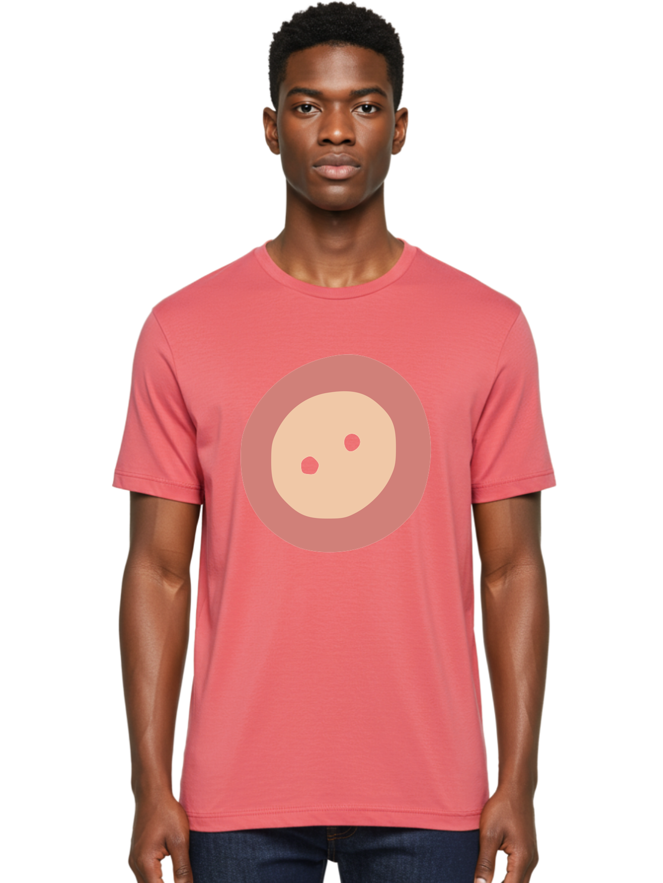 Face-With-Green-Eyes Men'S Graphic Tee, 100% Cotton, Comfortable Casual Summer Wear, Machine Washable, Simple Face, Green Eyes, Beige Skin, Pink Circle, Cartoon Character, Minimalist Design, Abstract Art, Digital Illustration Aac030