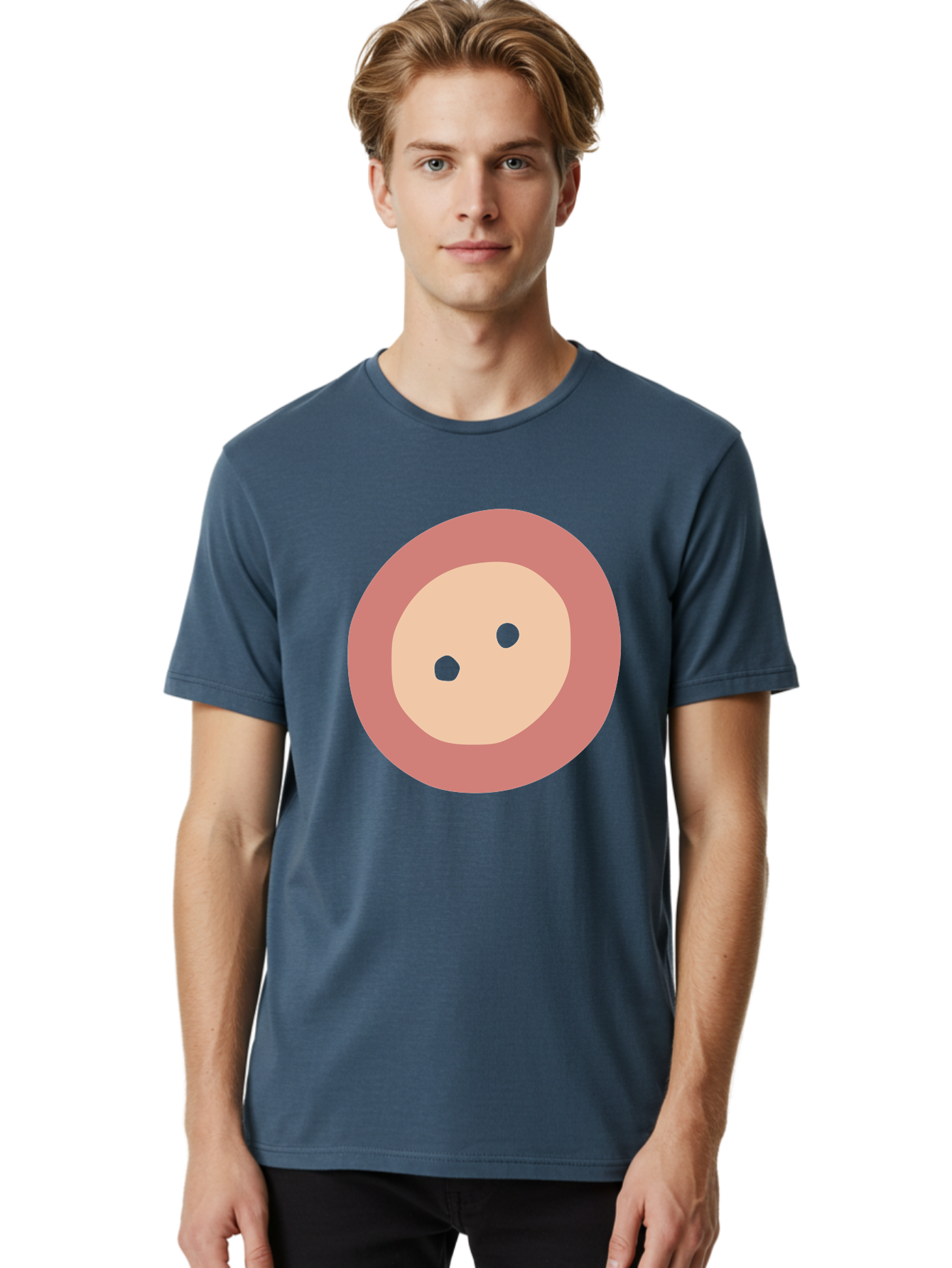 Face-With-Green-Eyes Men'S Graphic Tee, 100% Cotton, Comfortable Casual Summer Wear, Machine Washable, Simple Face, Green Eyes, Beige Skin, Pink Circle, Cartoon Character, Minimalist Design, Abstract Art, Digital Illustration Aac030