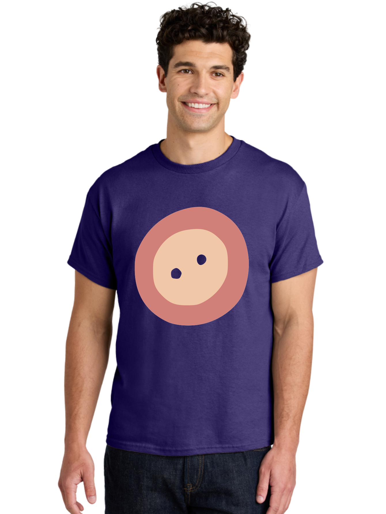 Face-With-Green-Eyes Men'S Graphic Tee, 100% Cotton, Comfortable Casual Summer Wear, Machine Washable, Simple Face, Green Eyes, Beige Skin, Pink Circle, Cartoon Character, Minimalist Design, Abstract Art, Digital Illustration Aac030