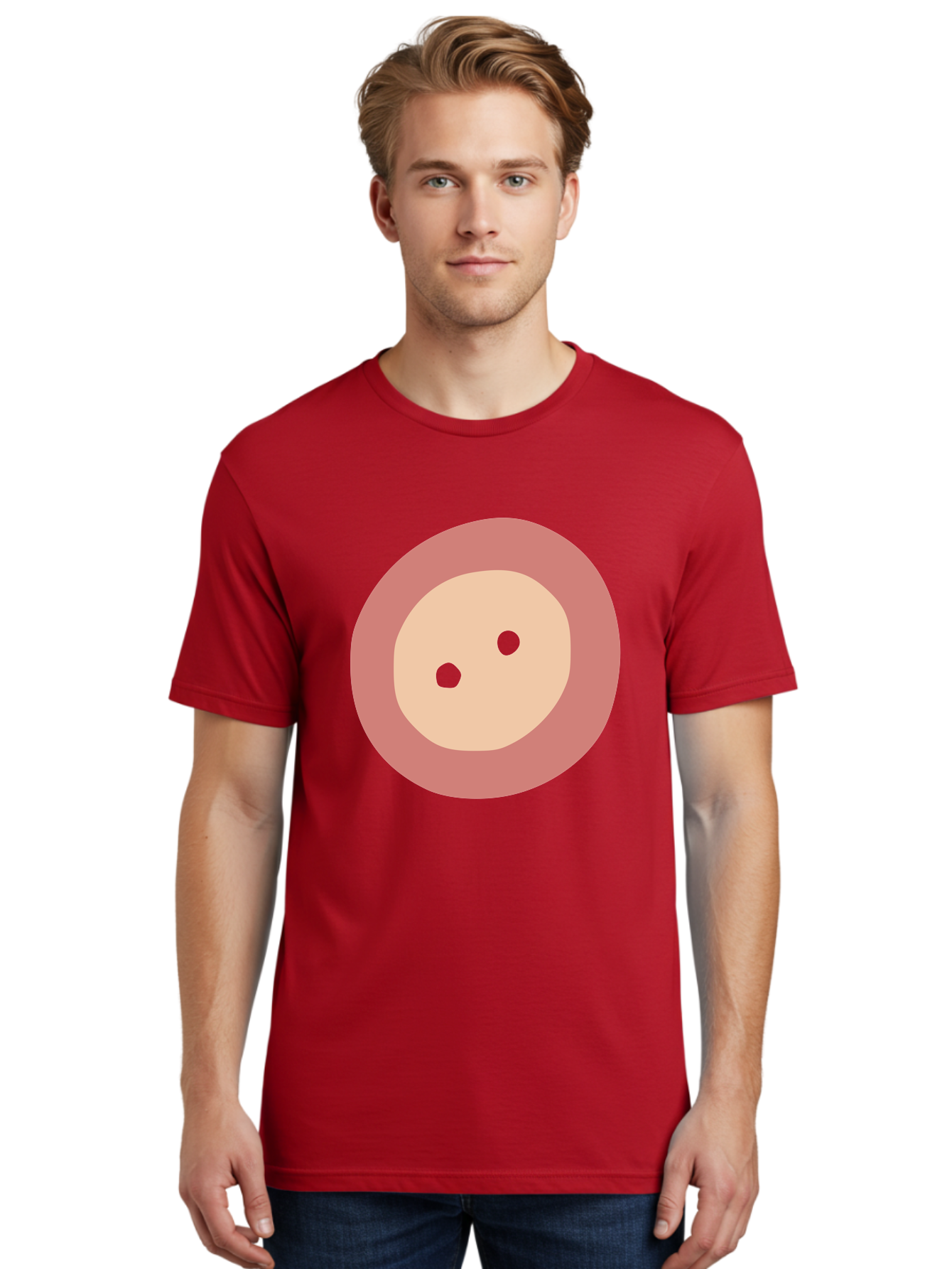 Face-With-Green-Eyes Men'S Graphic Tee, 100% Cotton, Comfortable Casual Summer Wear, Machine Washable, Simple Face, Green Eyes, Beige Skin, Pink Circle, Cartoon Character, Minimalist Design, Abstract Art, Digital Illustration Aac030