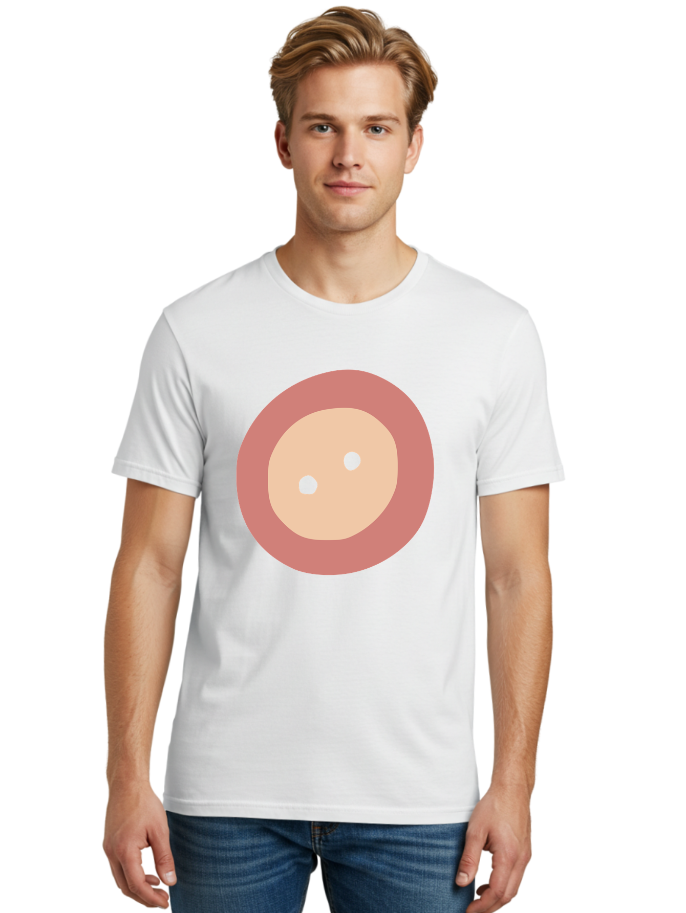 Face-With-Green-Eyes Men'S Graphic Tee, 100% Cotton, Comfortable Casual Summer Wear, Machine Washable, Simple Face, Green Eyes, Beige Skin, Pink Circle, Cartoon Character, Minimalist Design, Abstract Art, Digital Illustration Aac030