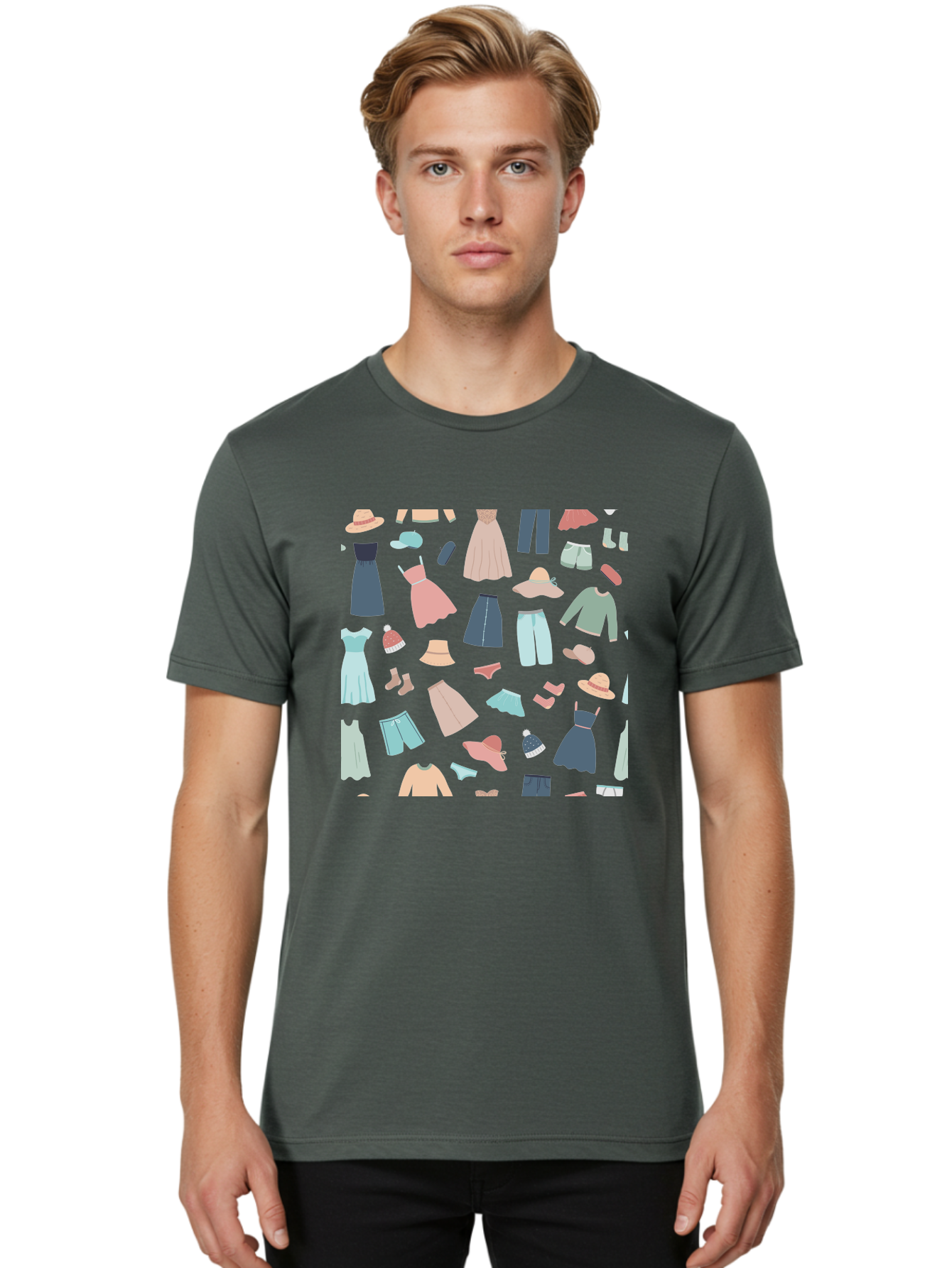 Fashion-Clothing Men'S Graphic Tee, 100% Cotton, Comfortable Casual Summer Wear, Machine Washable, Assorted Clothing Items, Pastel Colors, Fashion Accessories, Hats, Dresses, Tops, Pants, Shorts, Shoes, Casual Wear, Relaxed Fit, Aac031