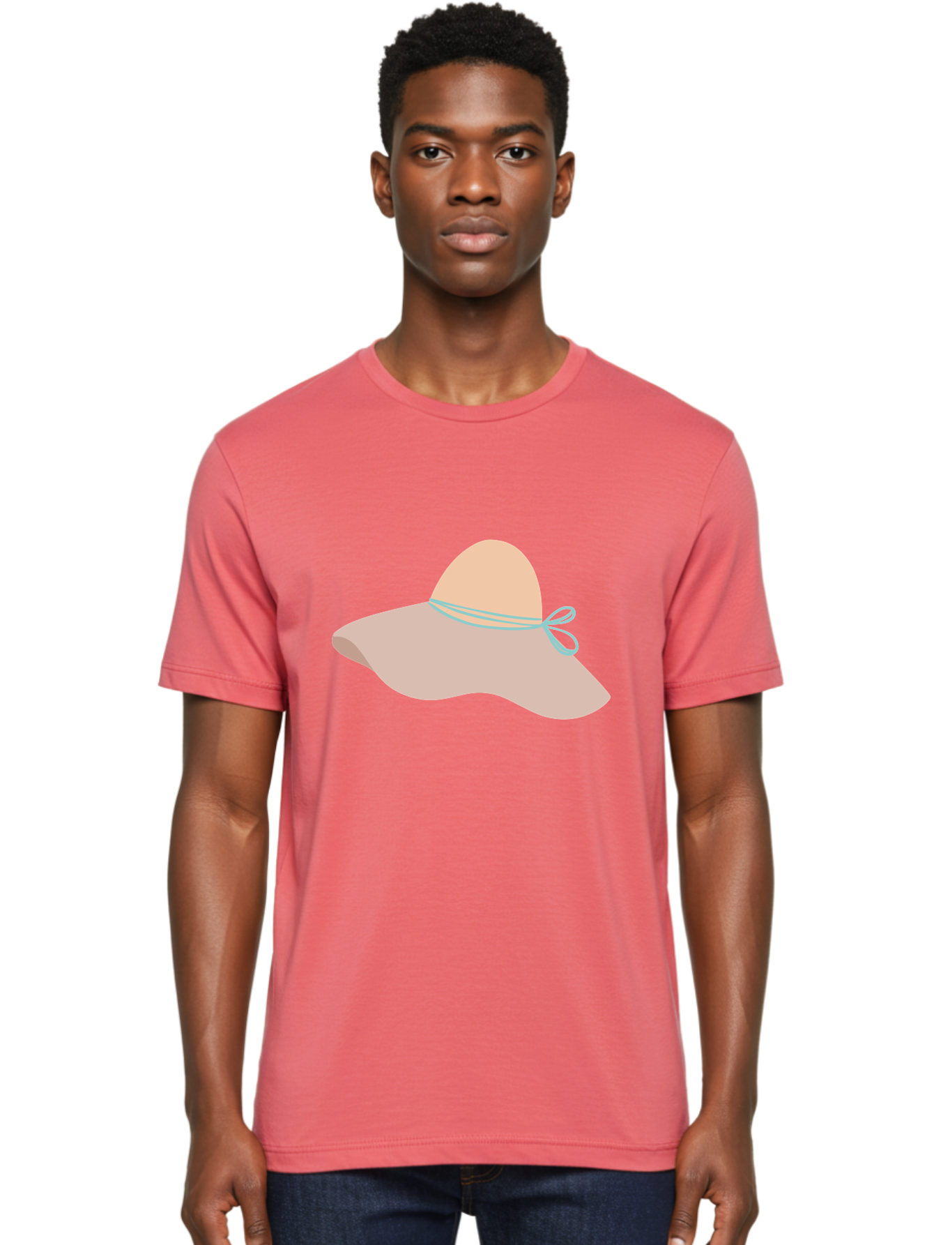 Floppy-Hat Men'S Graphic Tee, 100% Cotton, Comfortable Casual Summer Wear, Machine Washable, Summer Hat, Beach Hat, Sun Protection, Stylish Accessory, Fashion Statement, Pink Color, Blue Ribbon, Elegant Design, Women'S Fashion, Warm Weather Aac034