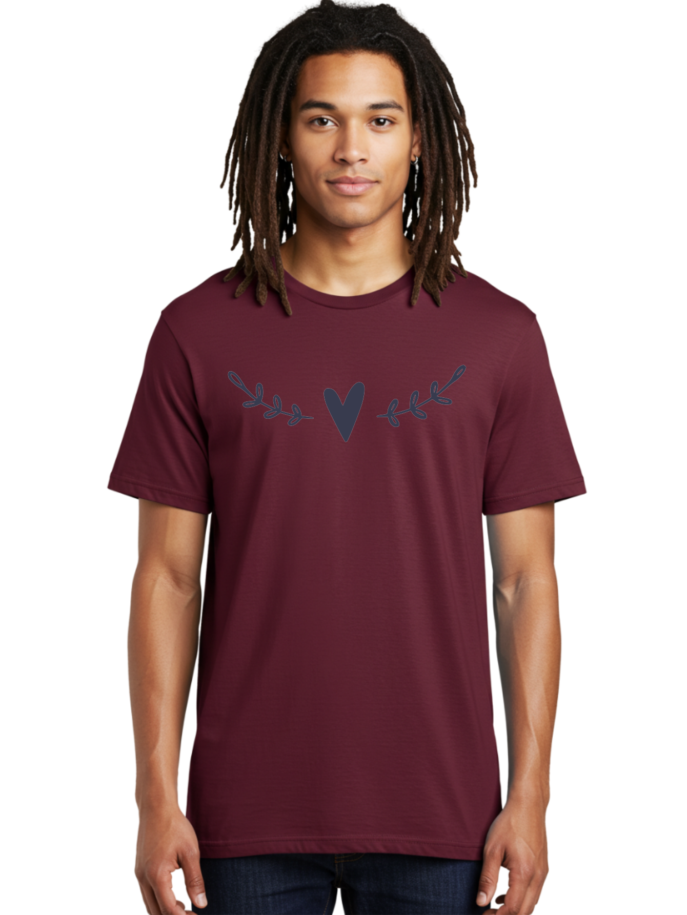 Heart-Laurel Men'S Graphic Tee, 100% Cotton, Comfortable Casual Summer Wear, Machine Washable, Dark Purple Heart, Leafy Branches, Floral Design, Love Symbol, Natural Elements, Simple Graphics, Minimalist Art, Heart Shape Aac047