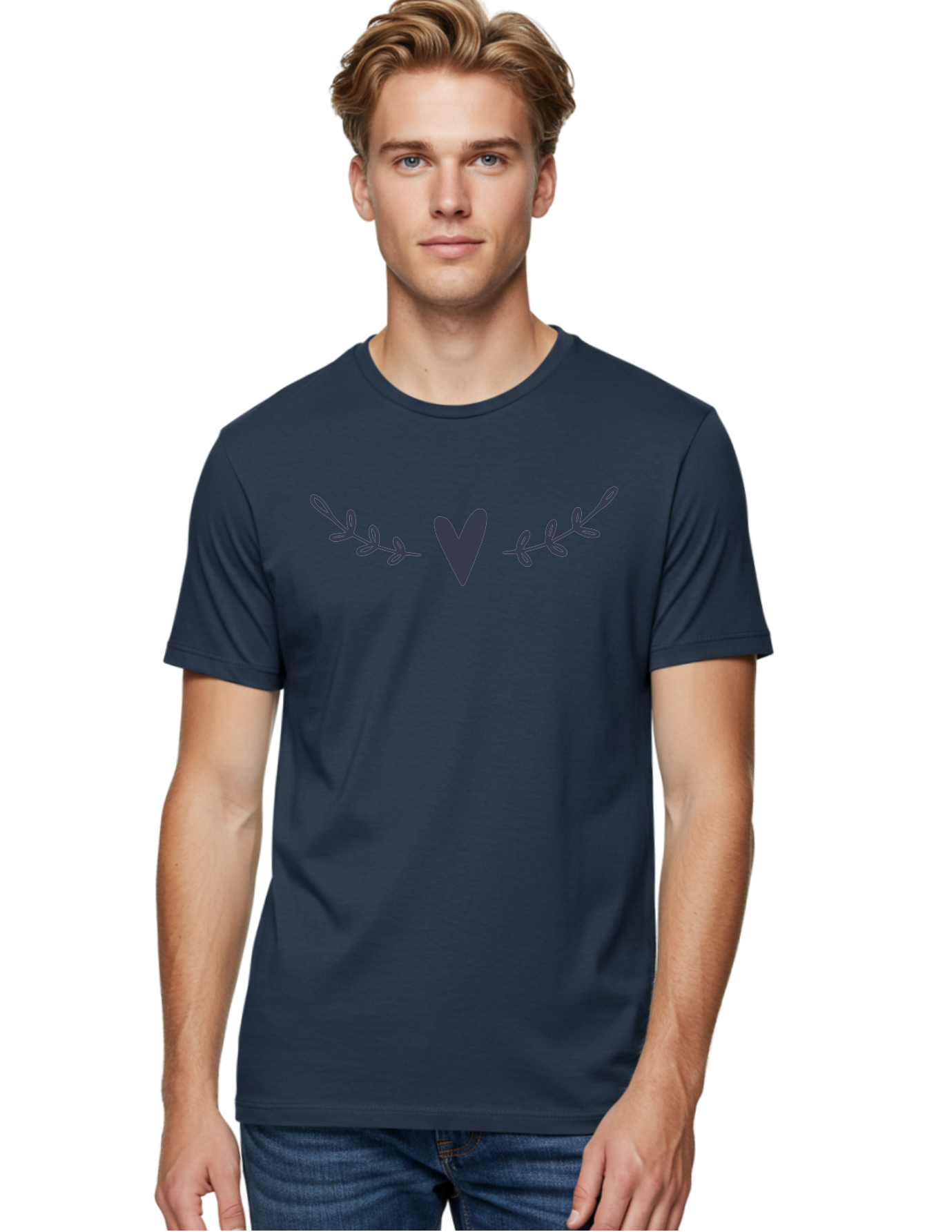Heart-Laurel Men'S Graphic Tee, 100% Cotton, Comfortable Casual Summer Wear, Machine Washable, Dark Purple Heart, Leafy Branches, Floral Design, Love Symbol, Natural Elements, Simple Graphics, Minimalist Art, Heart Shape Aac047